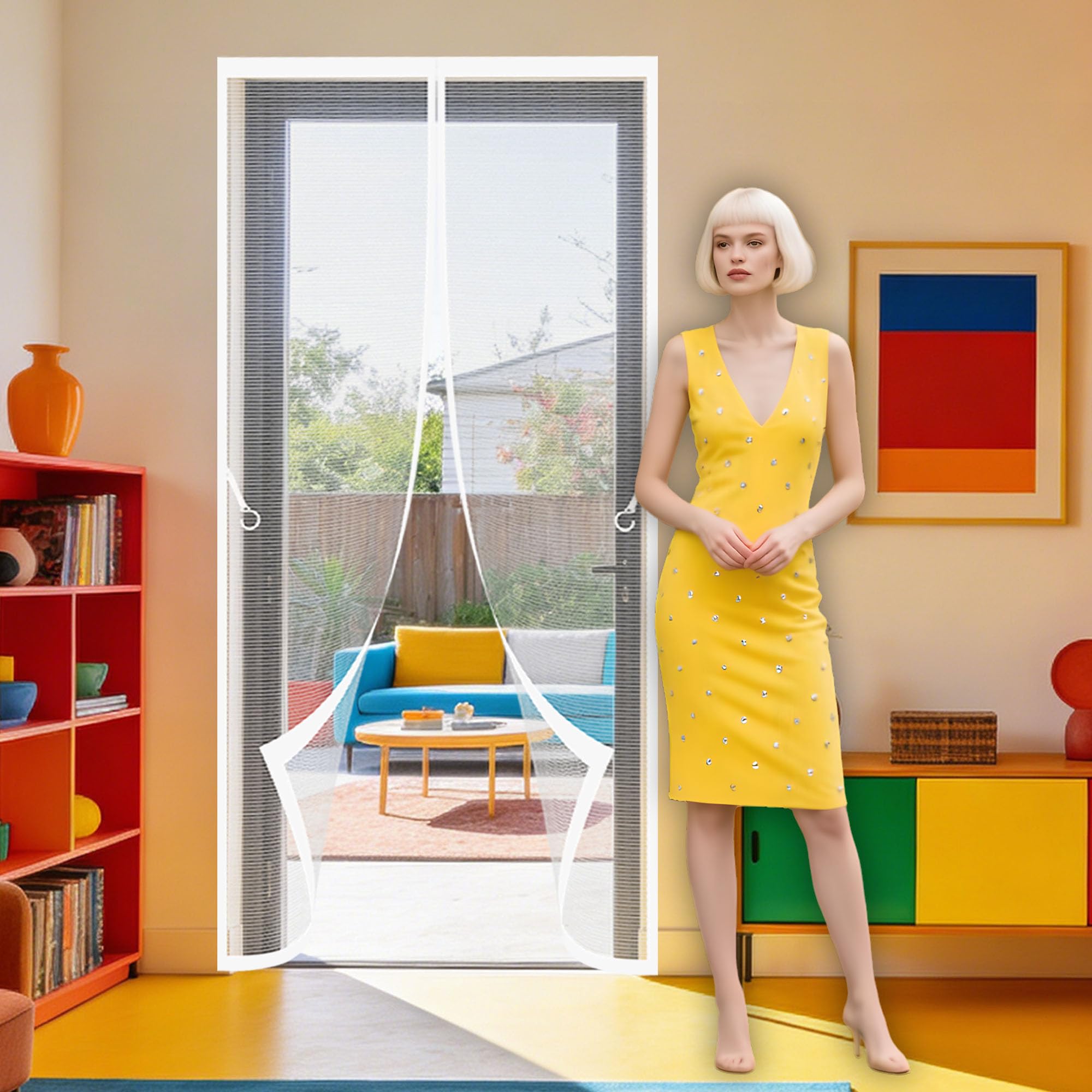 Fly Screens Doors 93 x 242 cm Hands Free Closing Screen Door Keeping Out Flies Bug for Home, Bedroom, Living Room, Kitchen, Patio, White
