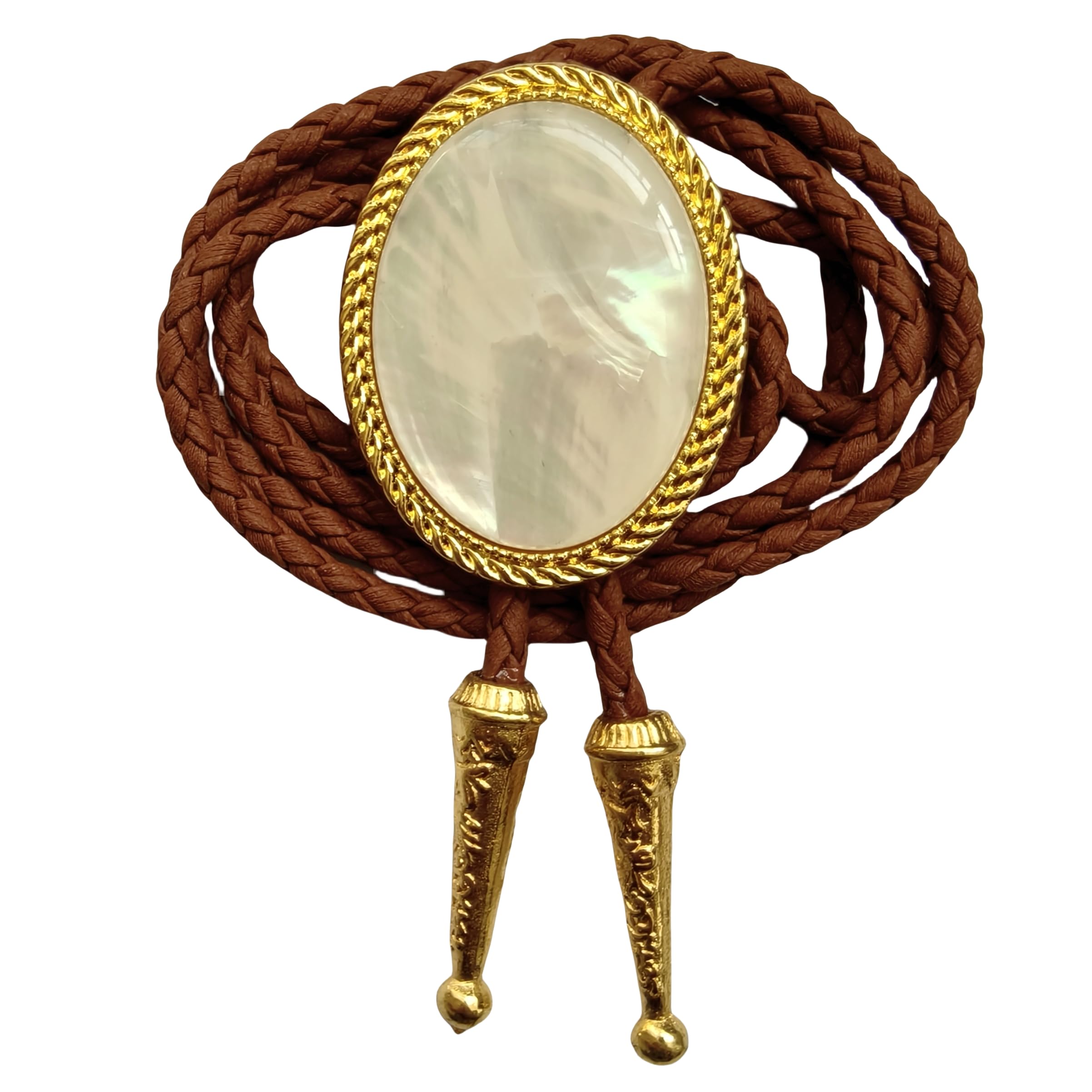 Himongoo Unisex Golden Mother Of Pearl Bola Bolo Tie - Brown Leather Wedding Necktie For Men Women - Western Style Bolo Necktie