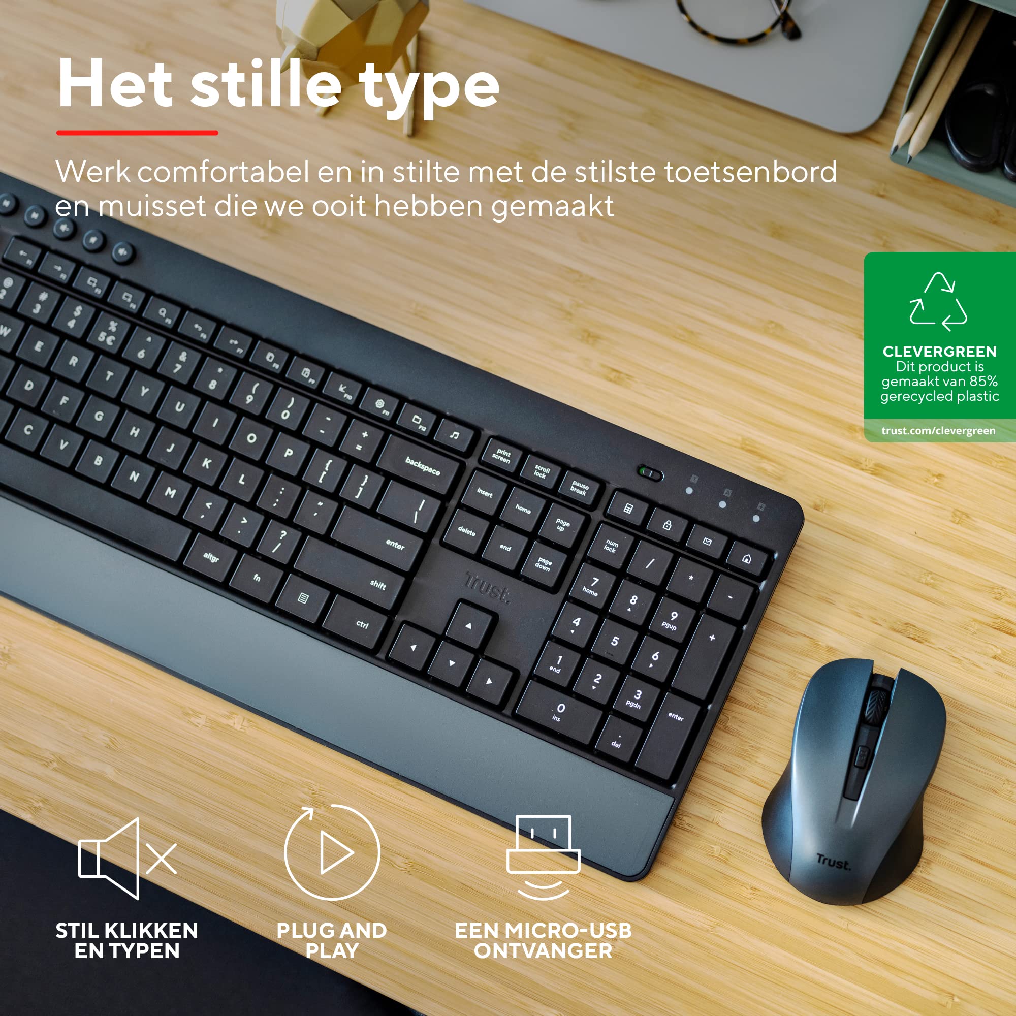 Trust Trezo zestaw bezprzewodowej klawiatury, NL/US QWERTY Layout, zrównoważone wzornictwo, cicha i ergonomiczna kombinacja, czas pracy baterii 48 miesięcy, 2,4 GHz, PC, laptop
