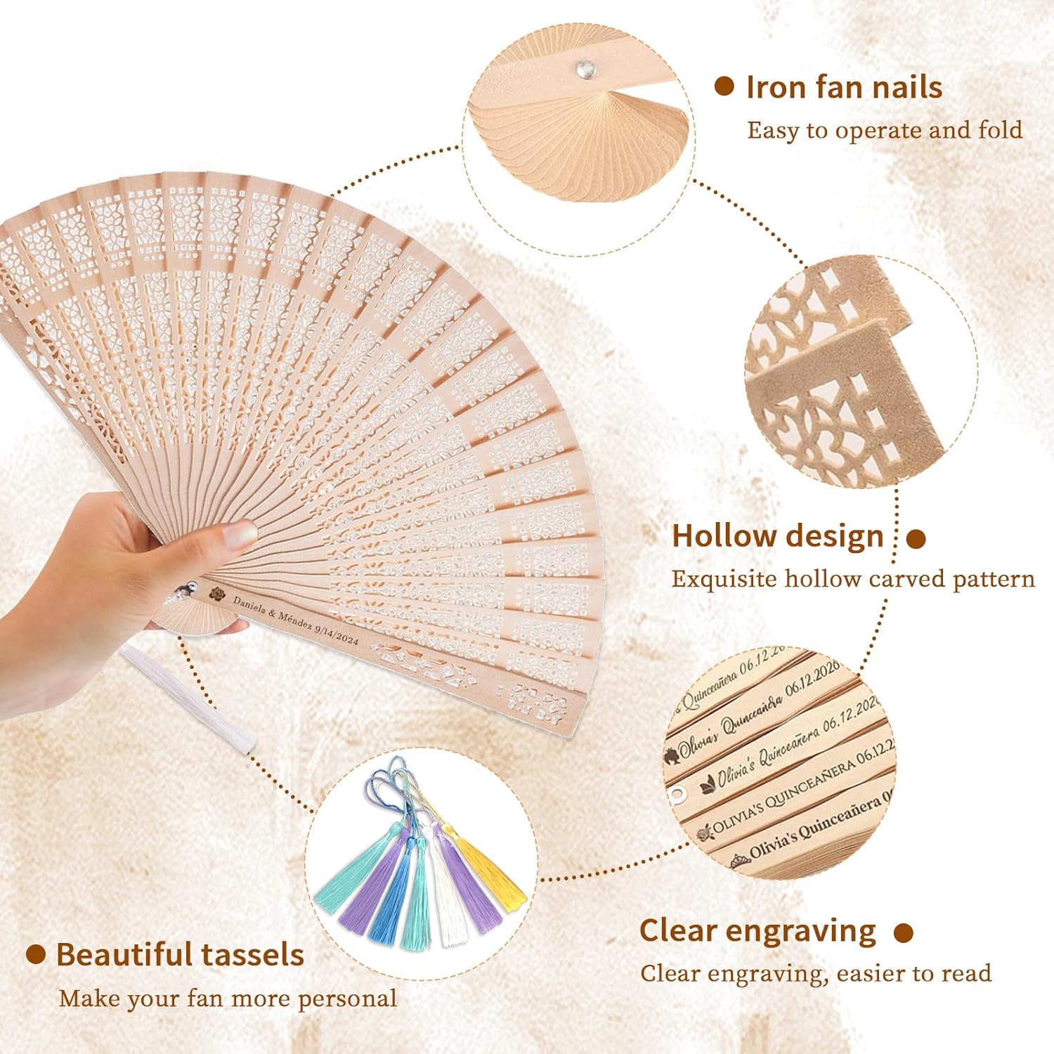 Personalized Wooden Fans for Wedding Guests - Custom Engraved Sandalwood Folding Fans with Tassel & Bag, Bulk Favors for Bridal Shower, Quinceanera