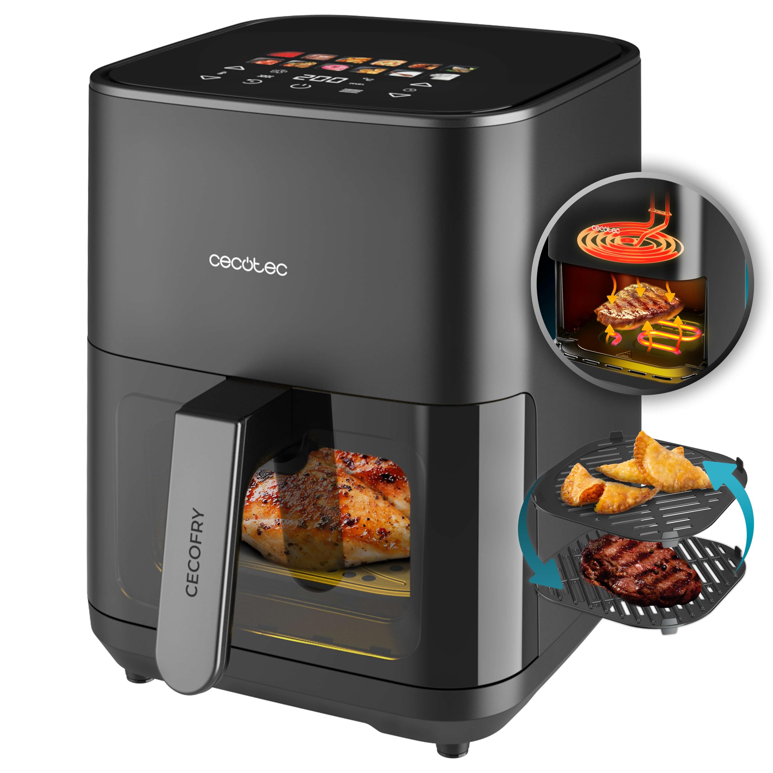 Cecotec Friggitrice ad Aria 4L - Air Fryer Cecofry&Grill Duoheat 4000. 1900W, 3in1: Friggitrice, Grill, Piastra. 10 Menù, Doppia Temp 40-200°C, Cottura uniforme e veloce, Cucina sana e gustosa