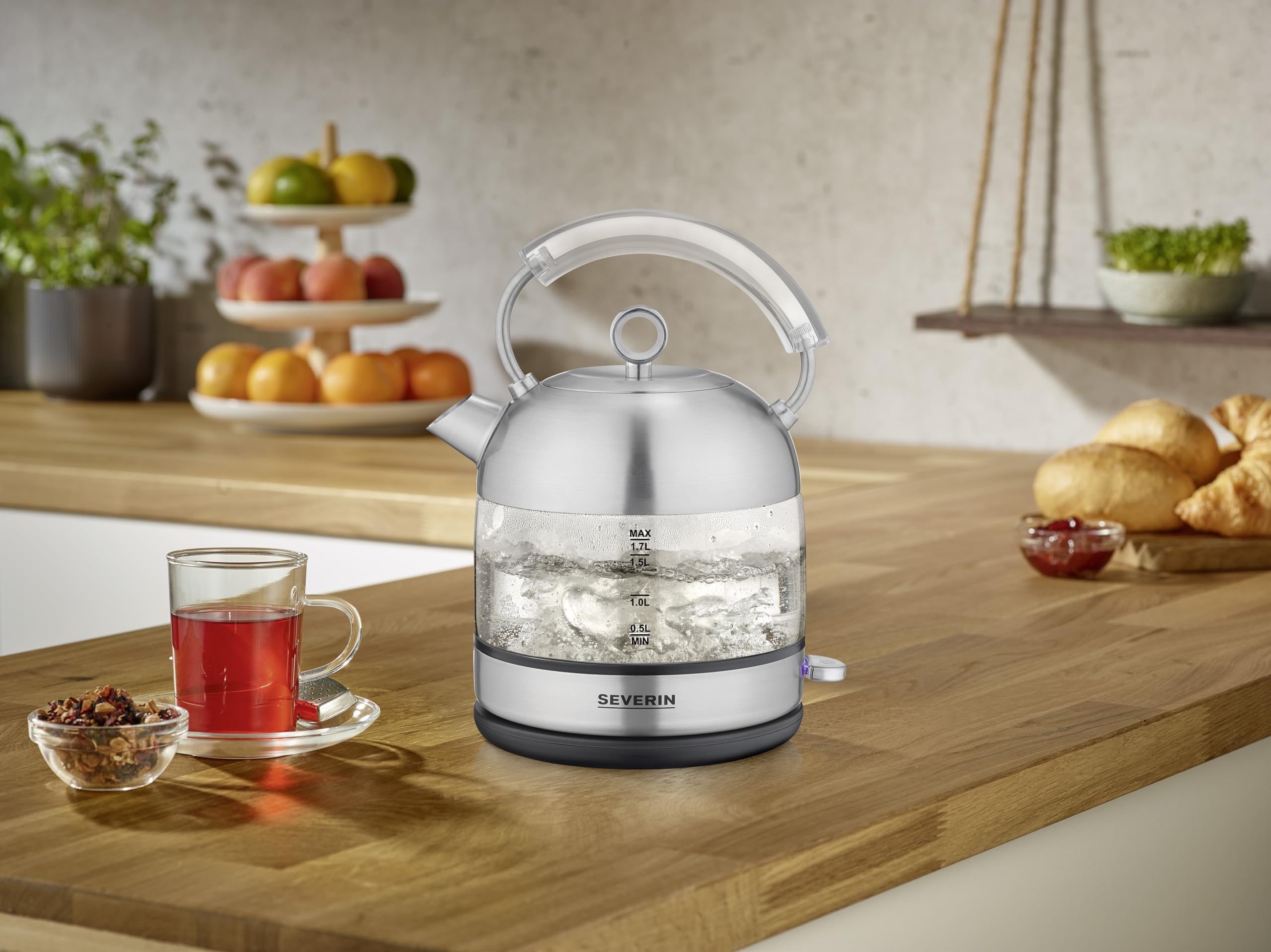 SEVERIN Bollitore in vetro retrò, 2.400 W, 1.7 l, combinazione di vetro e acciaio inox, WK 3459