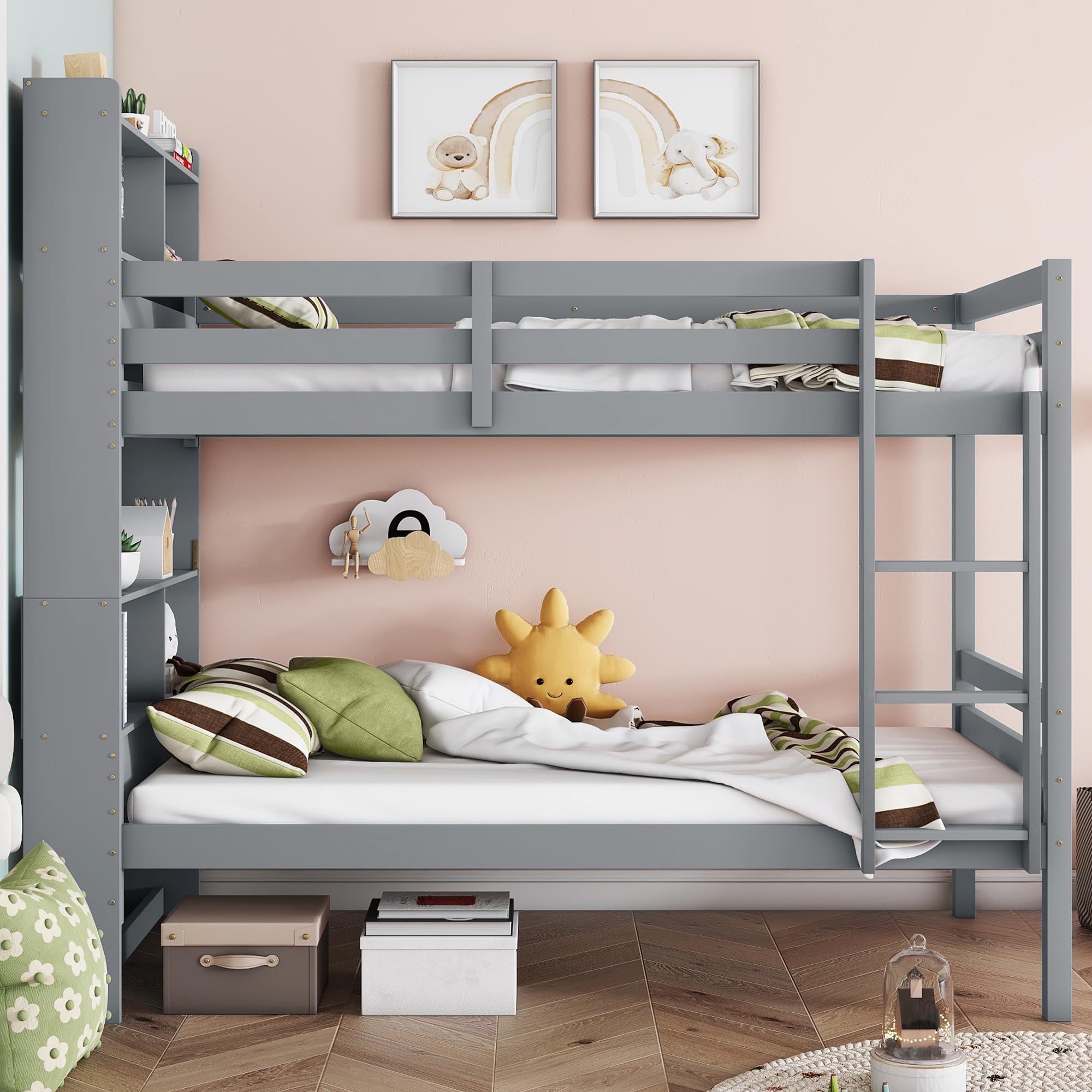 Twin Over Twin Bunk Bed with Storage Shelves, Convertible to 2 Platform Beds, Solid Wood Frame for Kids, Teens & Adults, Space-Saving Design for Small Bedrooms, Dorms & Guest Rooms (Grey)