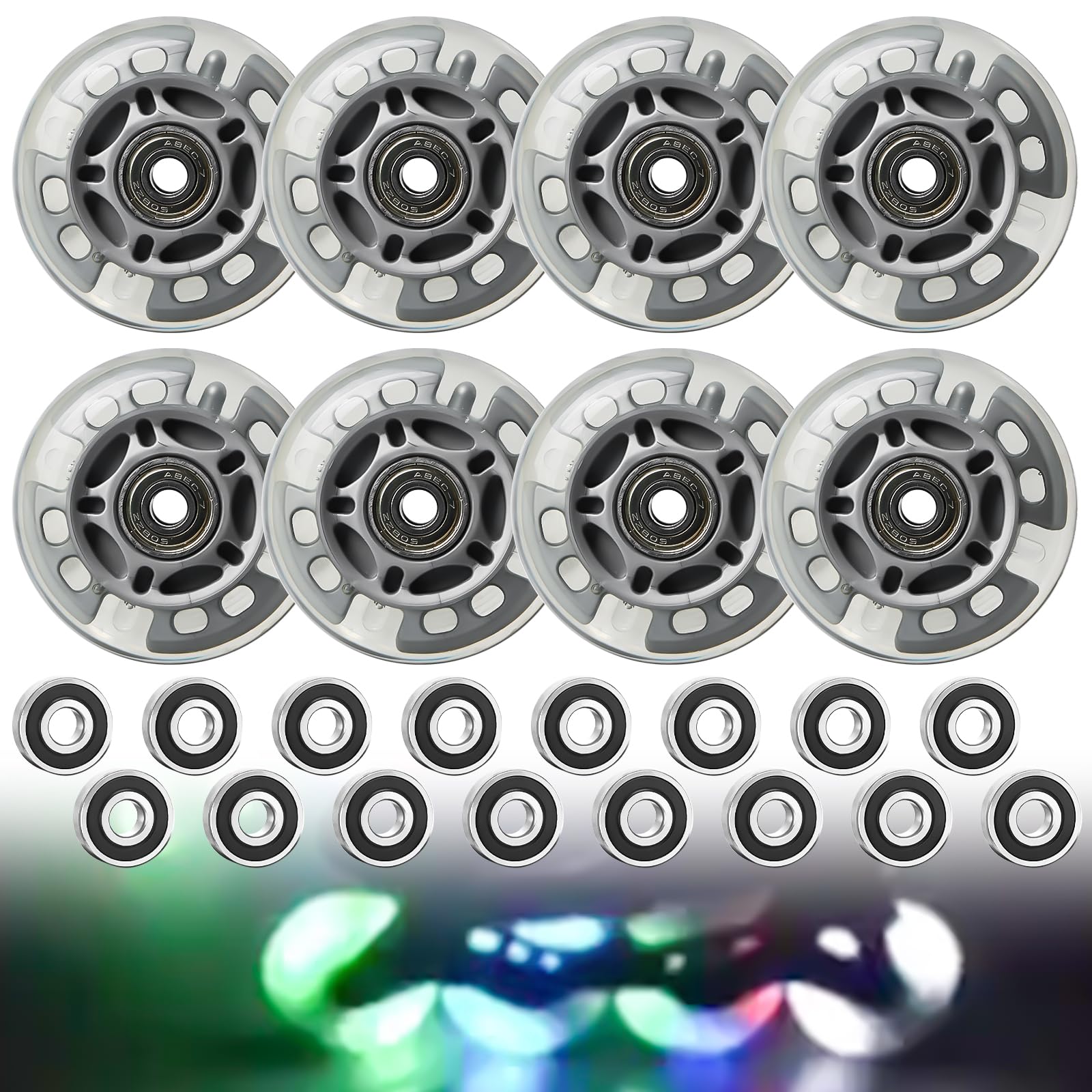 Roues de roller en ligne, 8 roues en ligne de 72 mm, avec roulements à billes, pour adultes et enfants, résistantes à l'usure, silencieuses, argent transparent