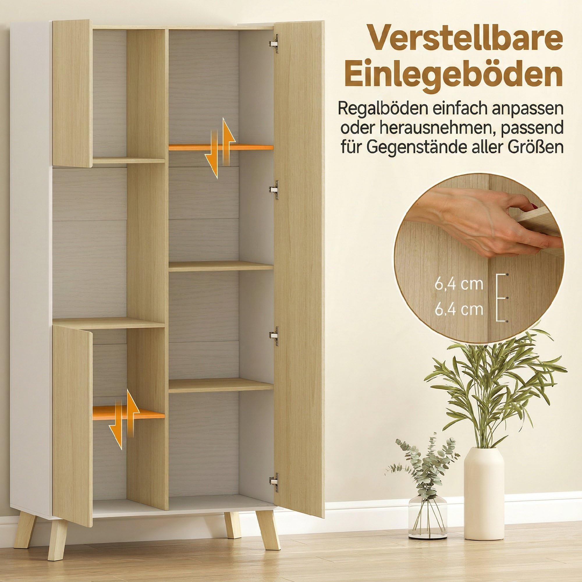 HOMCOM Küchenschrank 170 cm Hoher Buffetschrank mit offenem Fach, 3 Türen, Hochschrank mit verstellbaren Einlegeböden, Moderner Vorratsschrank für Küche, Wohnzimmer, Esszimmer, Natur, 80x40x170 cm