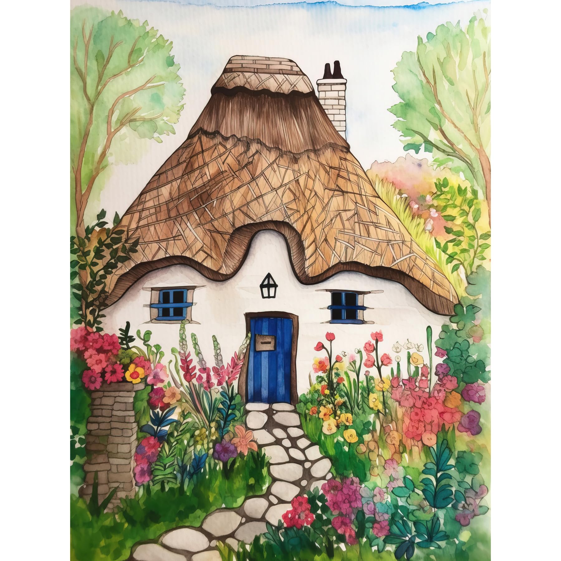 Artery8 The Cottage In The Forrest Flowers Folk Art Extra Large XL Wall Art Poster Print