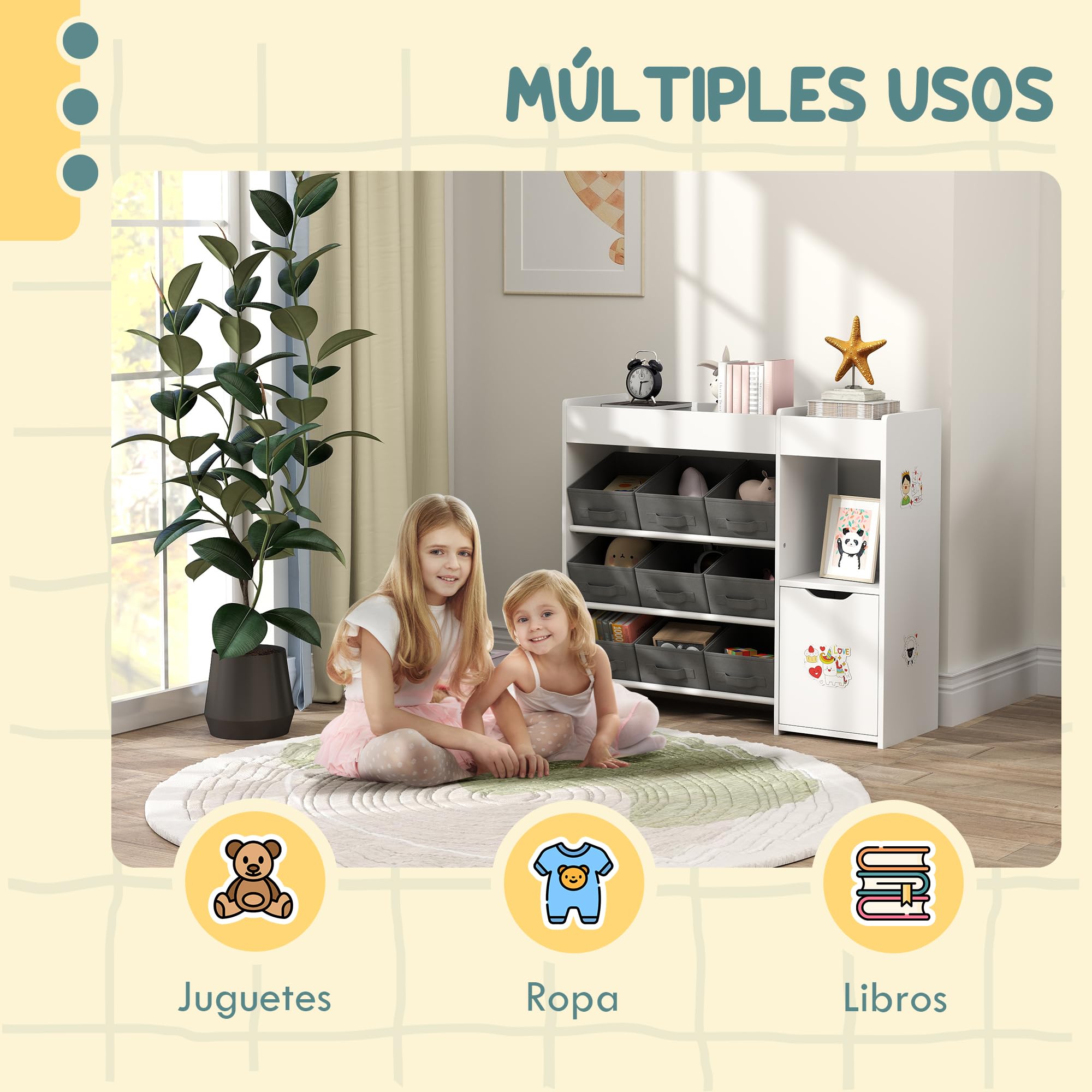 AIYAPLAY Estantería para Juguetes para Niños Organizador Infantil Montessori con 9 Cestas Extraíbles Compartimentos y Láminas de Pegatinas para Guardería Sala de Juegos 92x30x80 cm Blanco