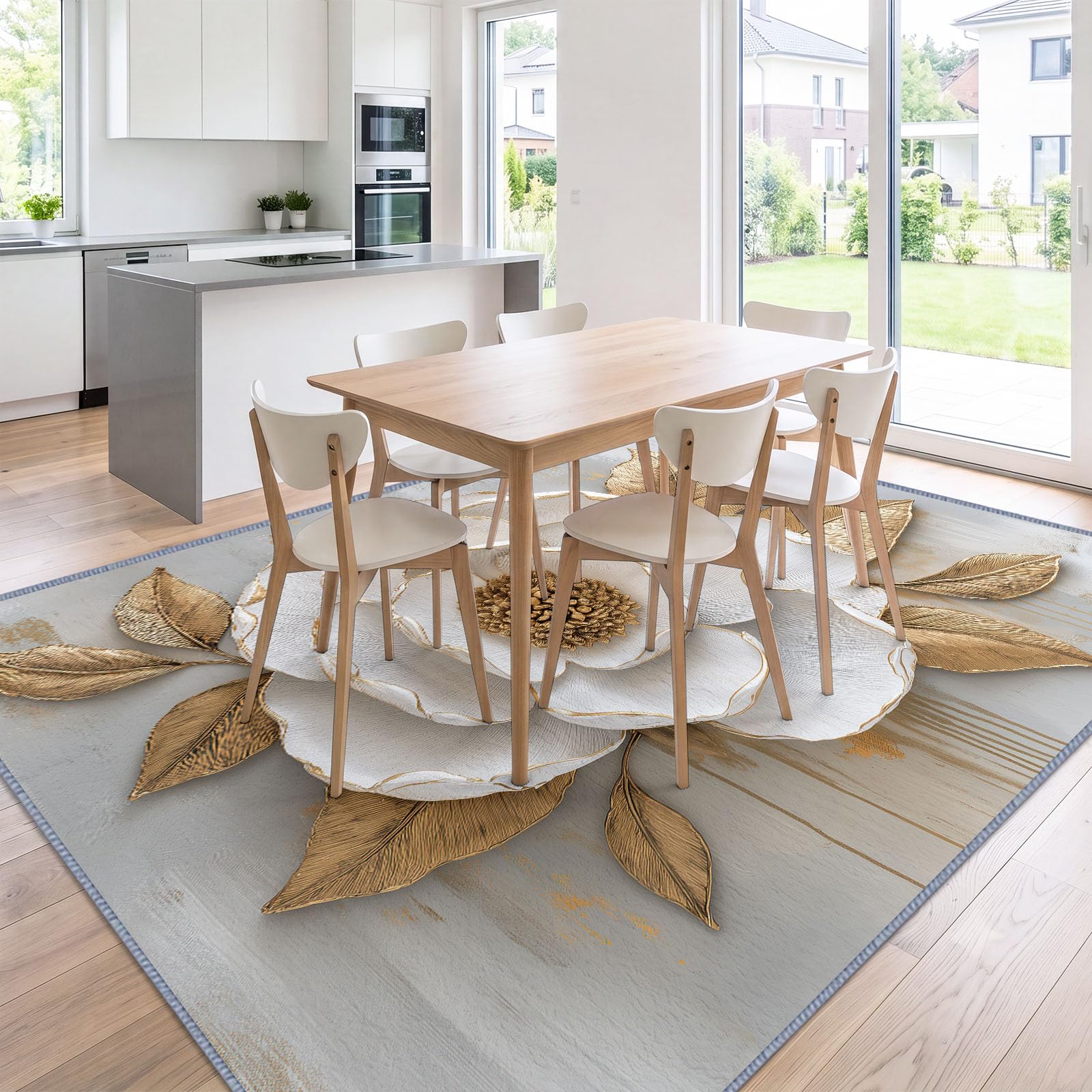 Générique Tapis Antidérapant Floral Relief 3D 80 x 150 cm, Tapis Doux Poil Ras Pivoine Blanche Bordure Métallique Lavable, Convient pour Chambre Salon Salle a Manger Bureau Cuisine Decoration