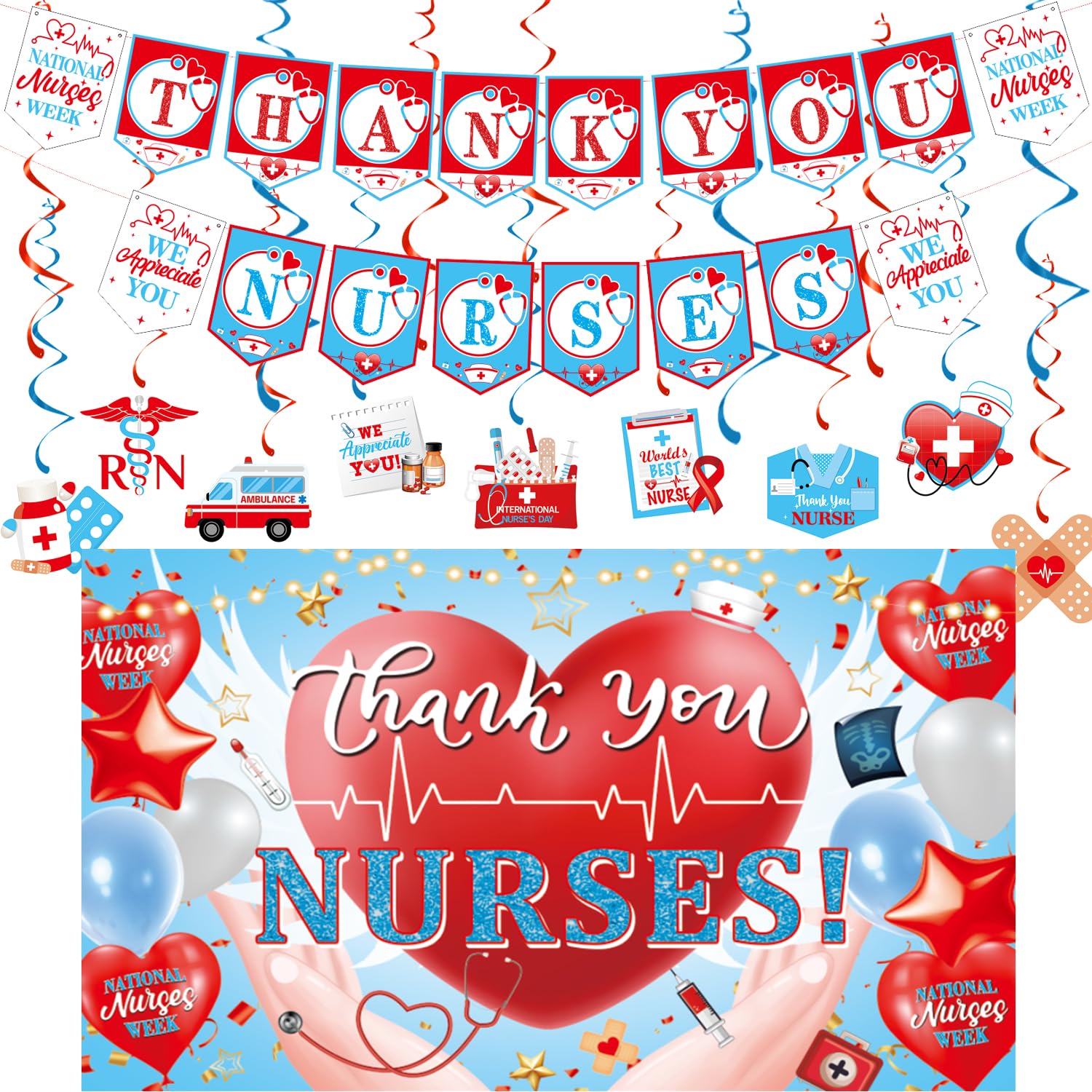 Nurse Appreciation Week Party Decorations Set, Nurse Day Decorations Hanging Swirls Large Thank You Nurse Backdrop National Nurses Week Banner Thank You Nurses Garland for Medical Party, Nurse Day