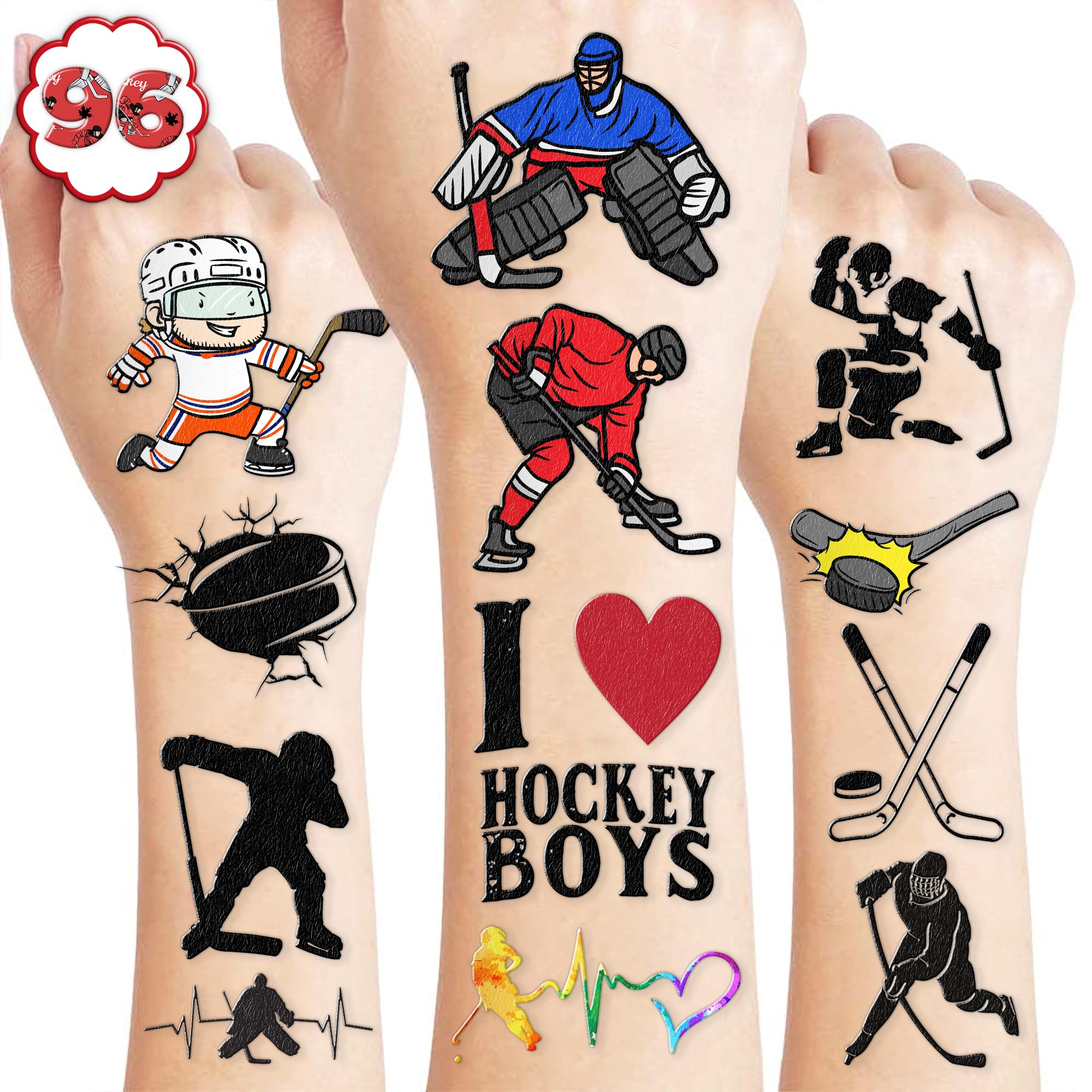 96PCS Ice Hockey Temporary Tattoos - Sport-Themed Birthday Party Supplies, Cute Decorations, Party Favors, Gifts for Boys & Girls, Classroom Prizes,