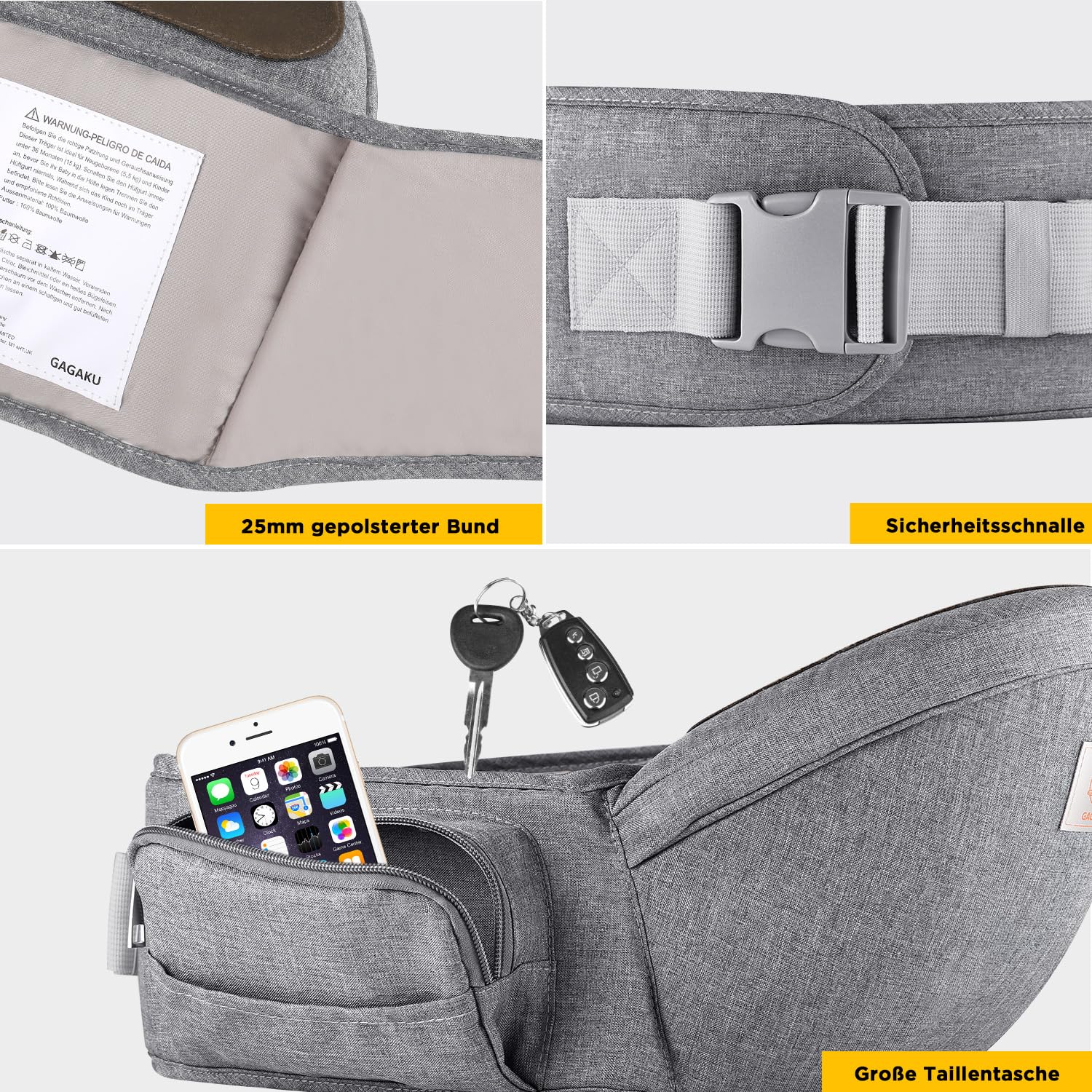 GAGAKU Hipseat Marsupio Sicurezza Supporto del Sedile della Dell'anca del Bambino 0-36 Mesi - Grigio Polyester