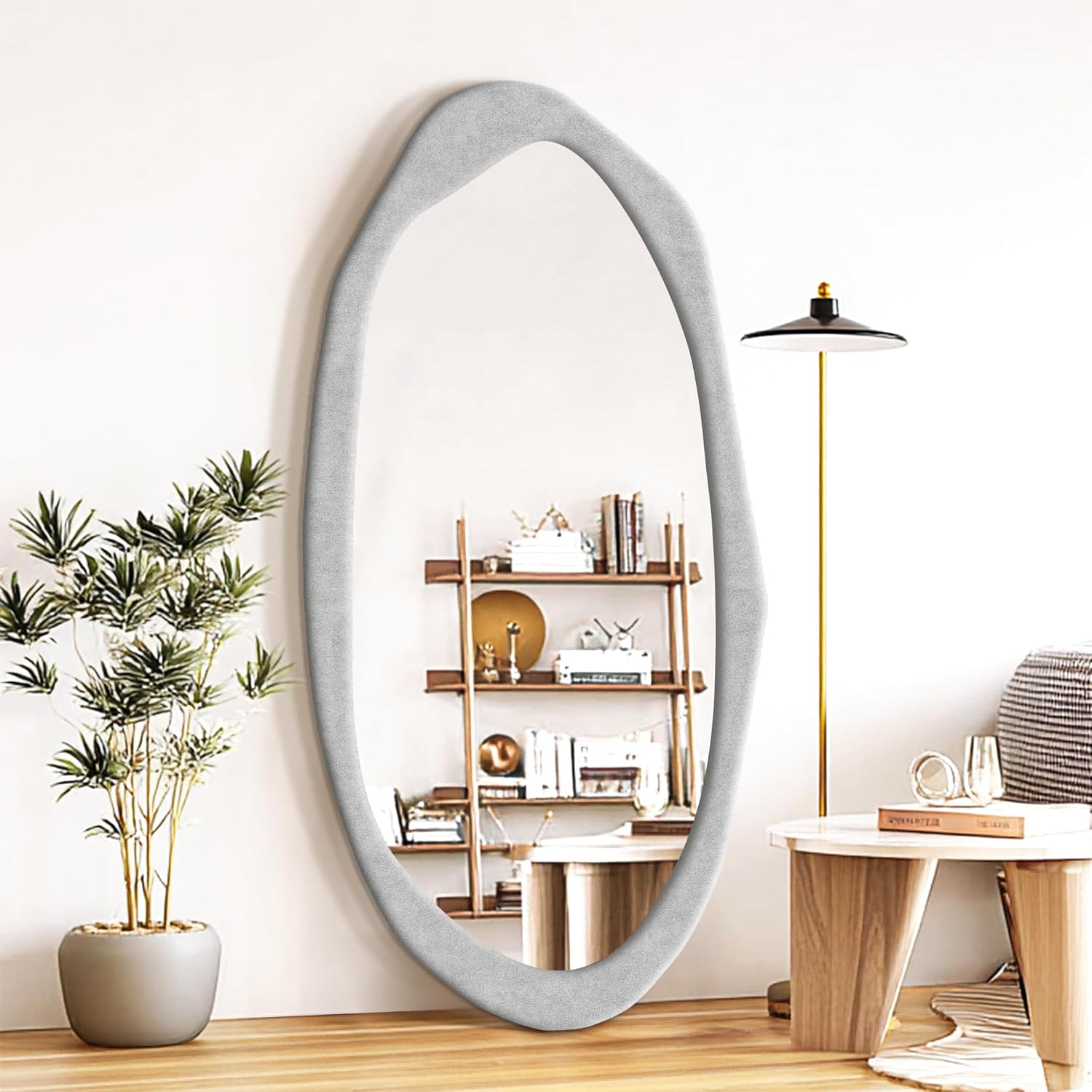 Irregular Asymmetrical Wall Mirror, 48" x 24" Flannel Wrapped Wooden Frame Frame Mirror for Living Room Bathroom Entryway, Hanging or Leaning Against Wall(Grey) Grey 48"L x 24"W