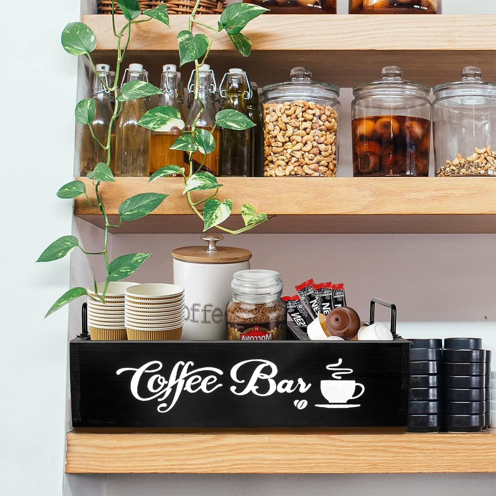 Organizador de Café y Té-Caja de Madera para Accesorios de Cafetera-Caja Infusiones -Caja de Te -Bandeja con de Madera 4 Compartimentos para Infusiones Azucarillos Tazas Cápsulas (Negro)