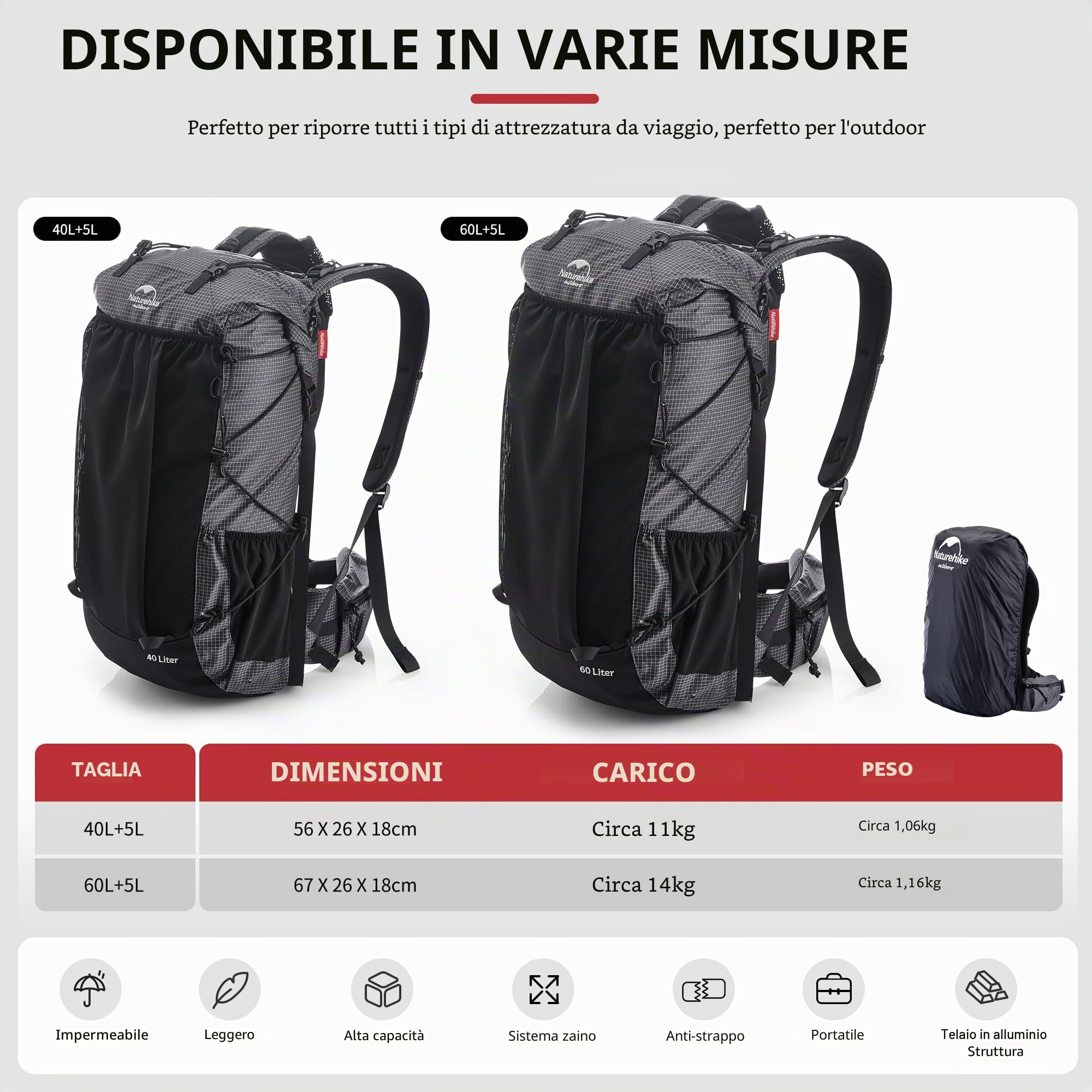 Naturehike Rock 40/60+5L Zaino da trekking leggero per uomo/donna, impermeabile, pieghevole, con telaio interno, zaino per campeggio, ciclismo, arrampicata, escursionismo, alpinismo, attività