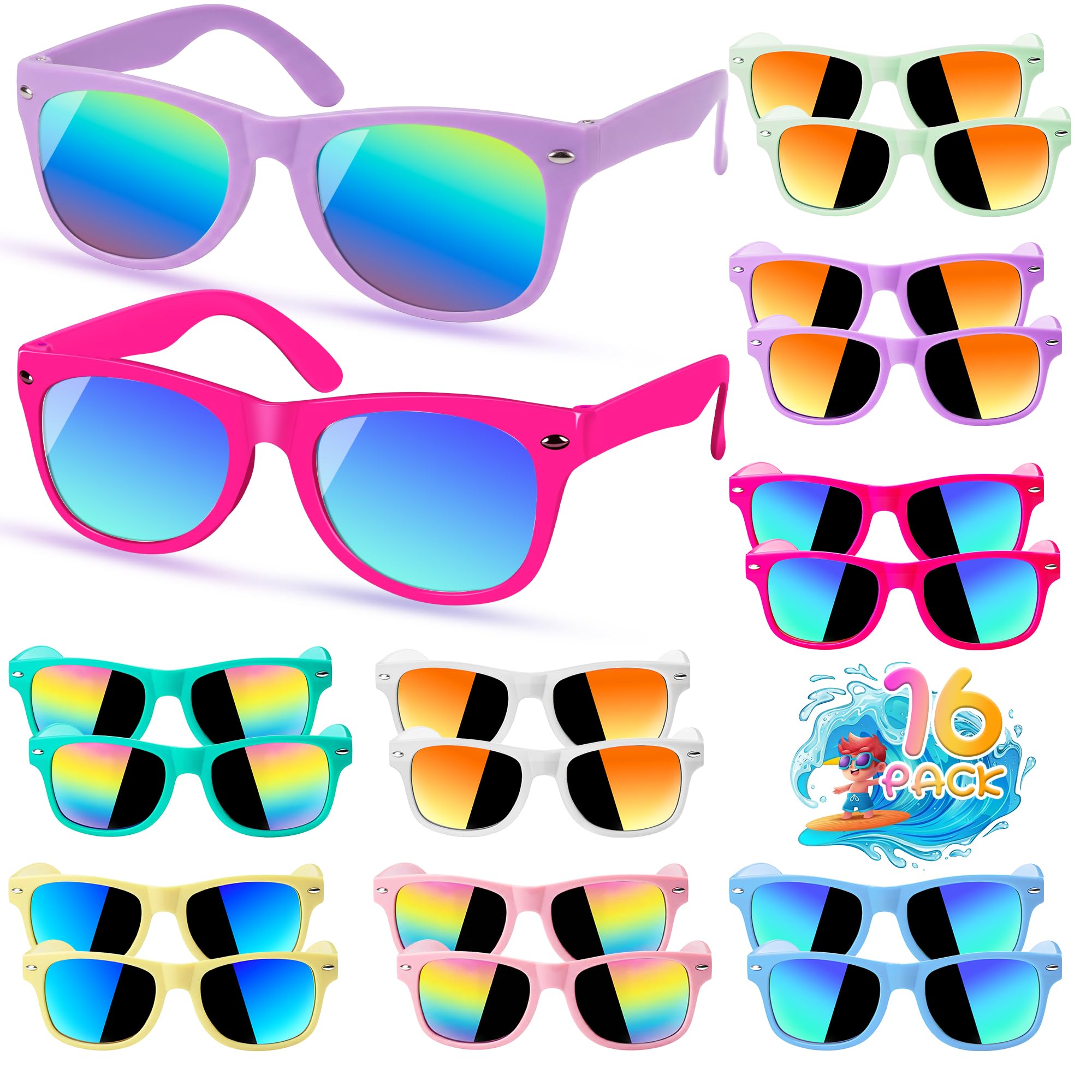 Kids Sunglasses Bulk, Kids Sunglasses Party Favors for Age 3-8, UV400 Protection Neon Kids Sunglasses Bulk for Boys Girls (Square 16 Pack Girls)