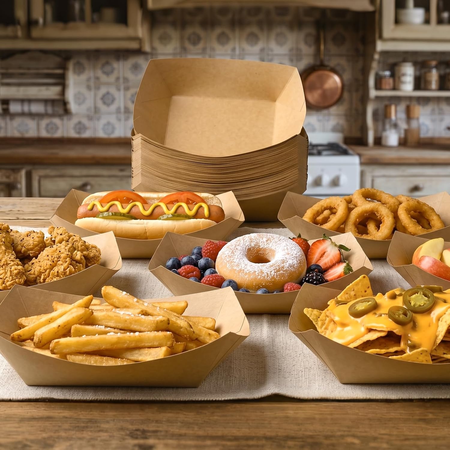 Artcochan 250 Pack 3lb Paper Food Trays,Heavy Duty Disposable Food Boats, Greaseproof Kraft Paper Trays for Nachos Hot Dogs Tacos Fries Snacks Party Carnival
