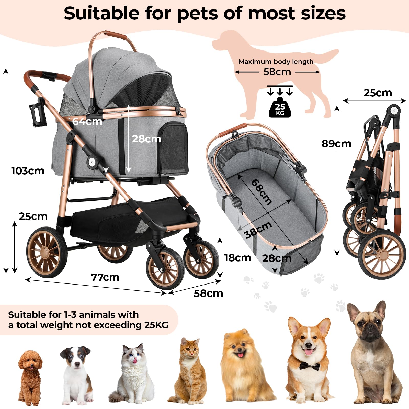 MAMIZO Wózek dla psa, torba transportowa, składany, do 25 kg, wózek dla psa, do jazdy w terenie, 4 gumowe kółka z amortyzacją, wózek dla zwierząt domowych z okienkami z siatki, uchwyt na napoje, wózek