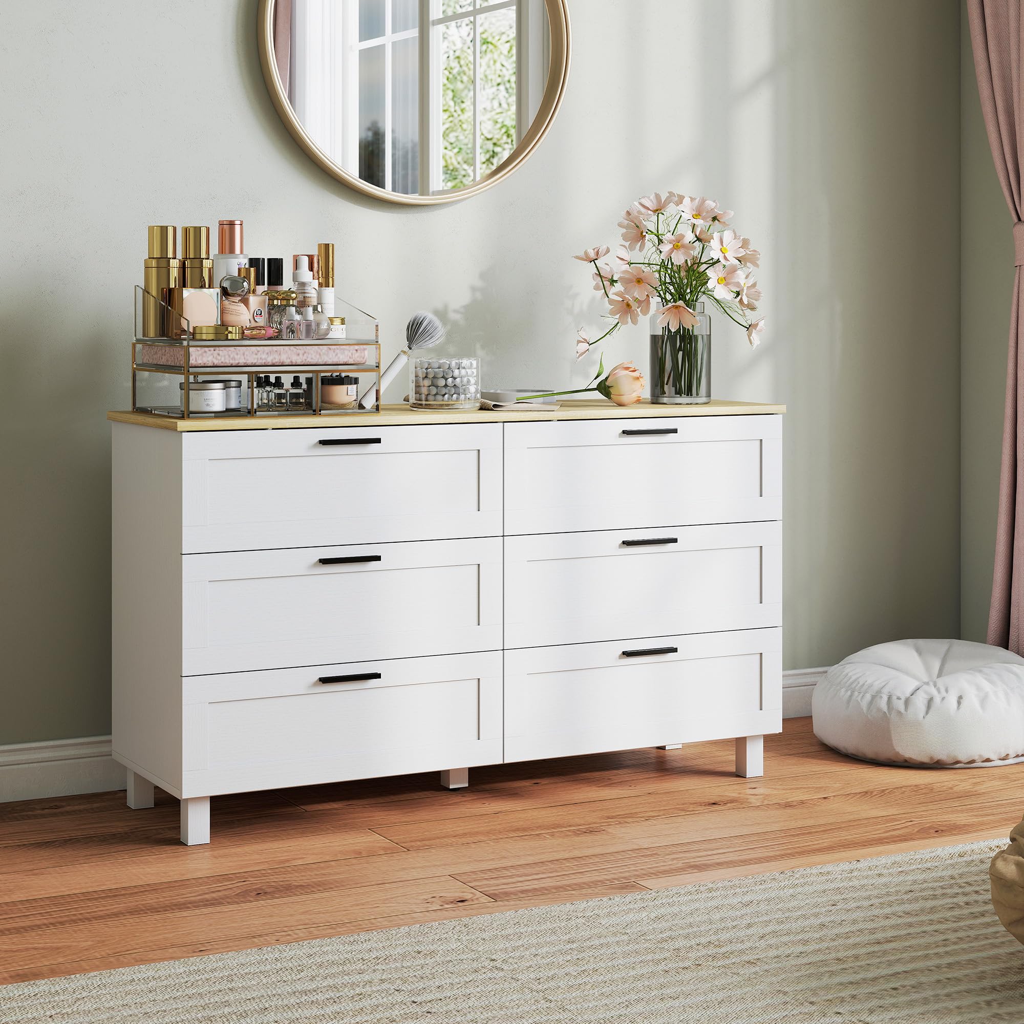 HOMCOM Commode 6 tiroirs, Meuble de Rangement avec Pieds en Bois de pin, Style Moderne, Commode pour Chambre à Coucher, Salon, Couloir, 120 x 38 x 71 cm, Bois Naturel et Blanc