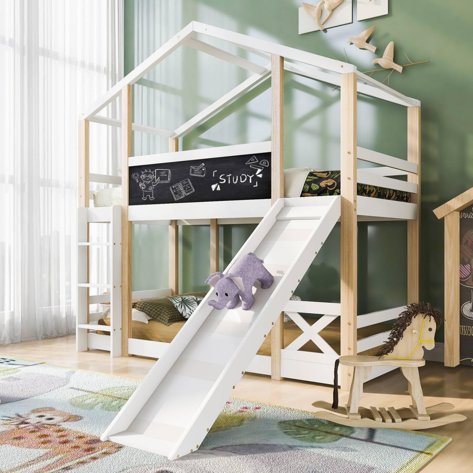 Lit Superposé Enfant 90x200 Cm Forme Maison - Pin Massif - Avec échelle Et Baldaquin - Gris - Sécurisé
