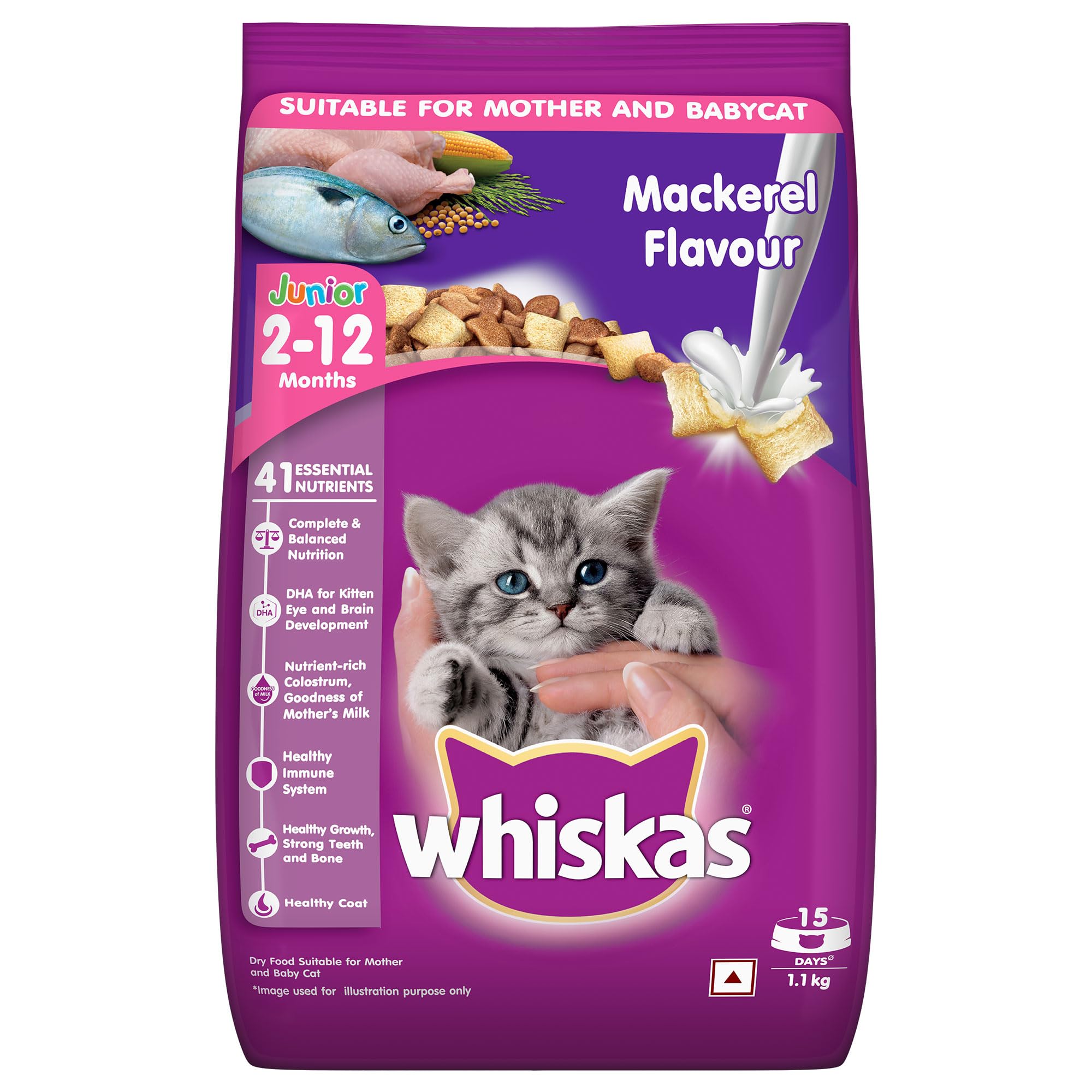 Whiskas Junior Mother Cat & Kitten (2-12 Months) Dry Cat Food, Mackerel Fish Flavour, 1.1 kg, Contains 41 Essential Nutrients, Complete & Balanced Nutrition for Mother Cats & Kittens