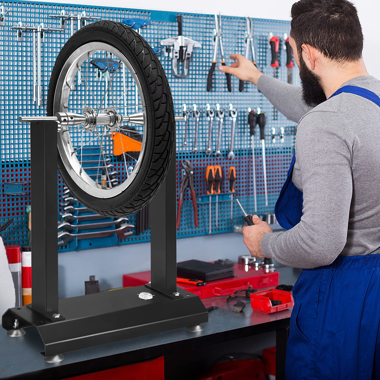 UISEBRT Equilibrio para ruedas de motocicleta, caballete de motocicleta, neumáticos de motocicleta, máquina de equilibrado de llantas, máquina equilibradora de ruedas con conos ajustables y nivel de