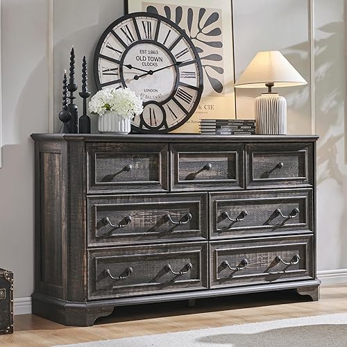 T4TREAM Farmhouse 7 Drawers Dresser for Bedroom, 54" Wide Wood Rustic Chest of Drawers with Natural Texture, Vintage Design, Storage Dressers Organizer for Bedroom, Living Room, Dark Rustic Oak