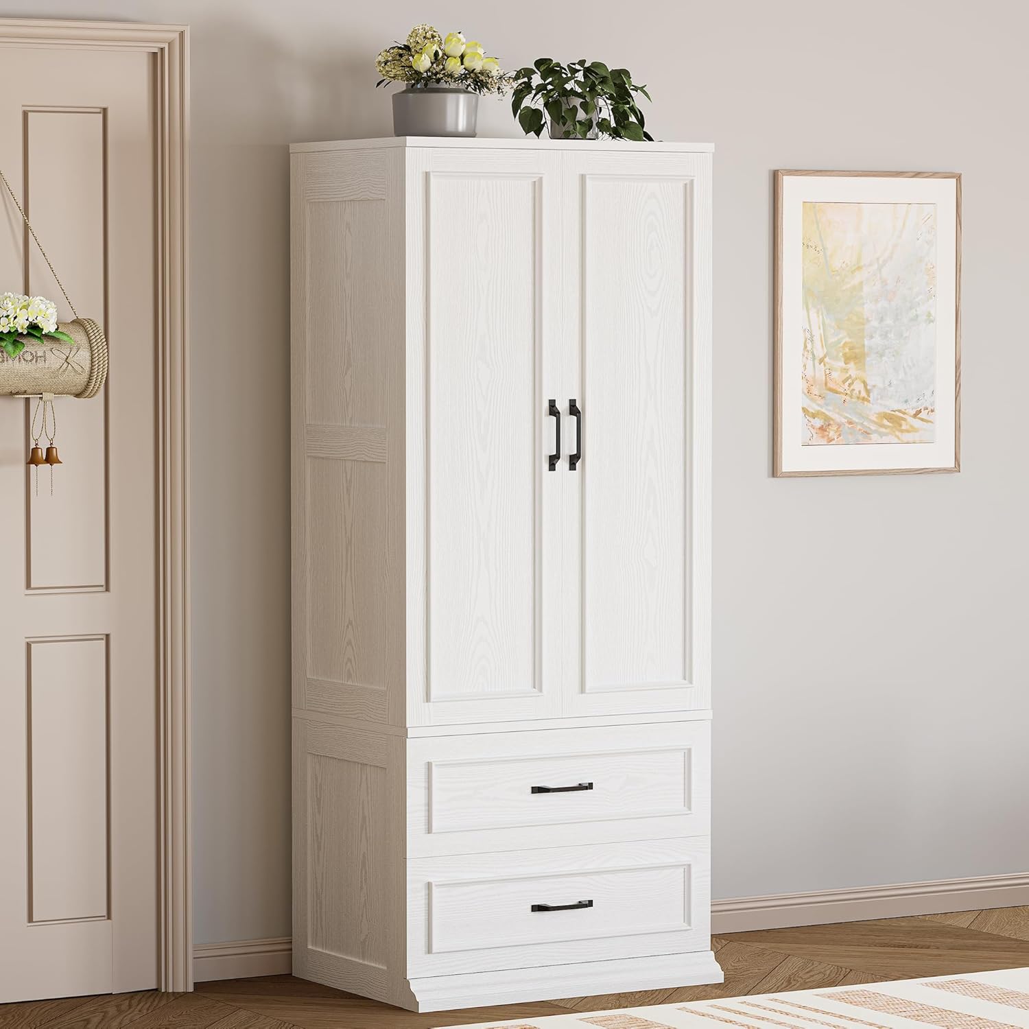 LIKIMIO Armoire Wardrobe Closet with 2 Doors and 2 Drawers 70″ H x 28″ W Wooden Bedroom Freestanding Wardrobe Combination for Hanging Clothes, White