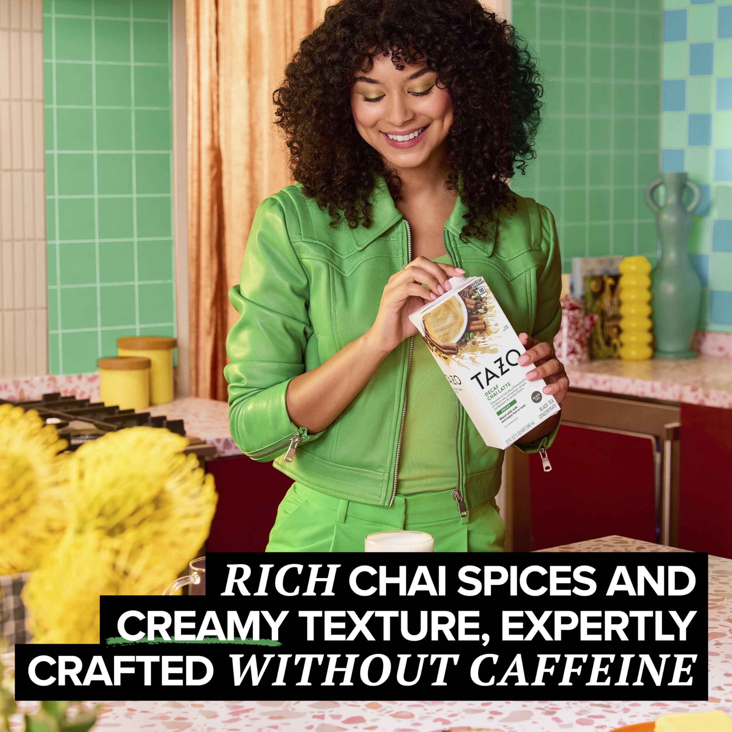 TAZO Decaf Chai Latte, Black Tea Concentrate, Easy-to-Serve Chai Tea for Everyday Lattes, Hot or Iced Tea and Mocktails, 32 oz Tea Mix Carton
