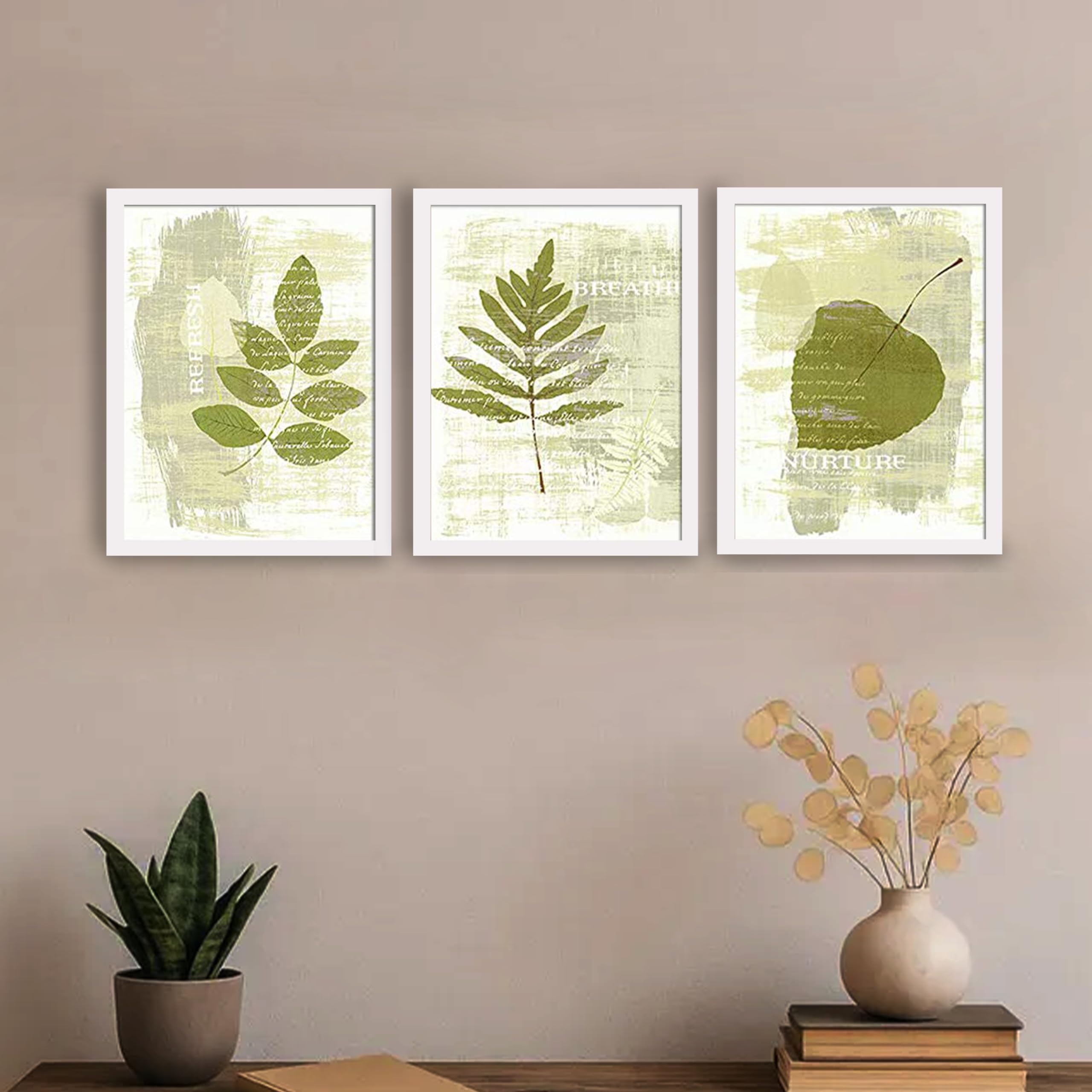 PAINTINGMANTRA - Green Nature Set of 3 White Framed Painting,UV