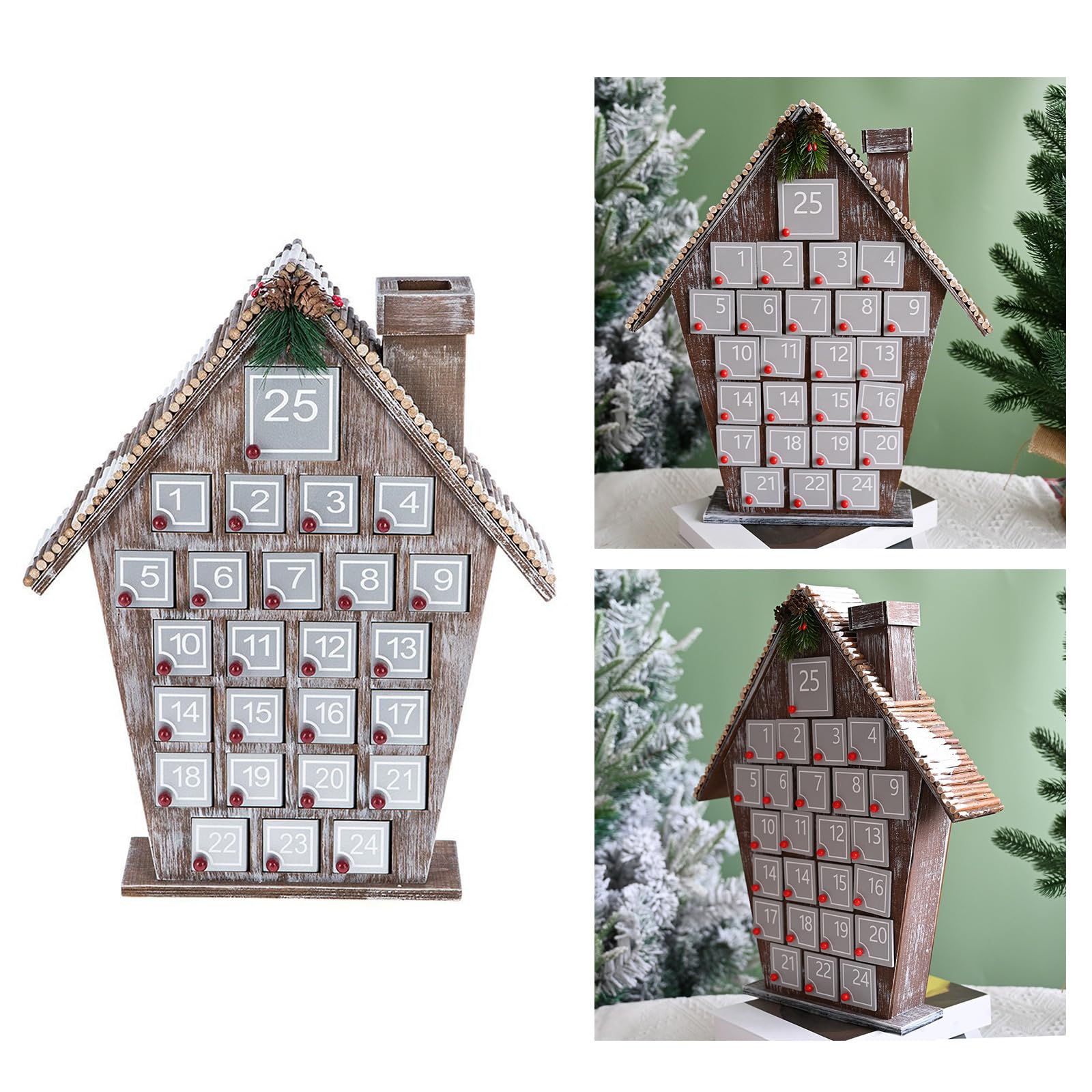 Calendario de Adviento de madera de cuenta regresiva de Navidad, calendario de Adviento único de casas de madera con piñas