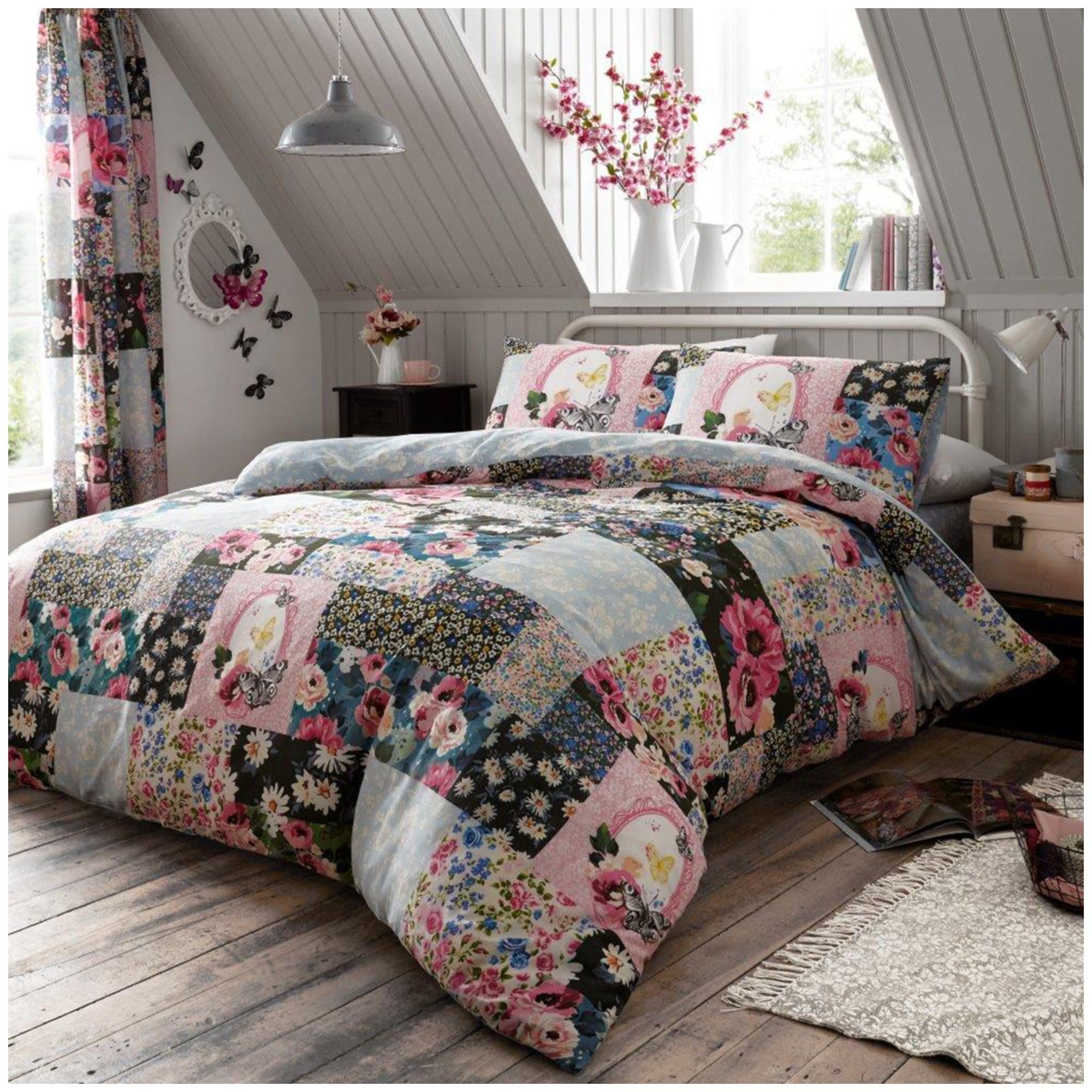 VELVETIO Floral Patchwork Duvet Cover Quilt Bed Set With Pillow Case, Reversible, Poly Cotton, Ellis Multi, King Size Bedding Easy Care Machine Washable