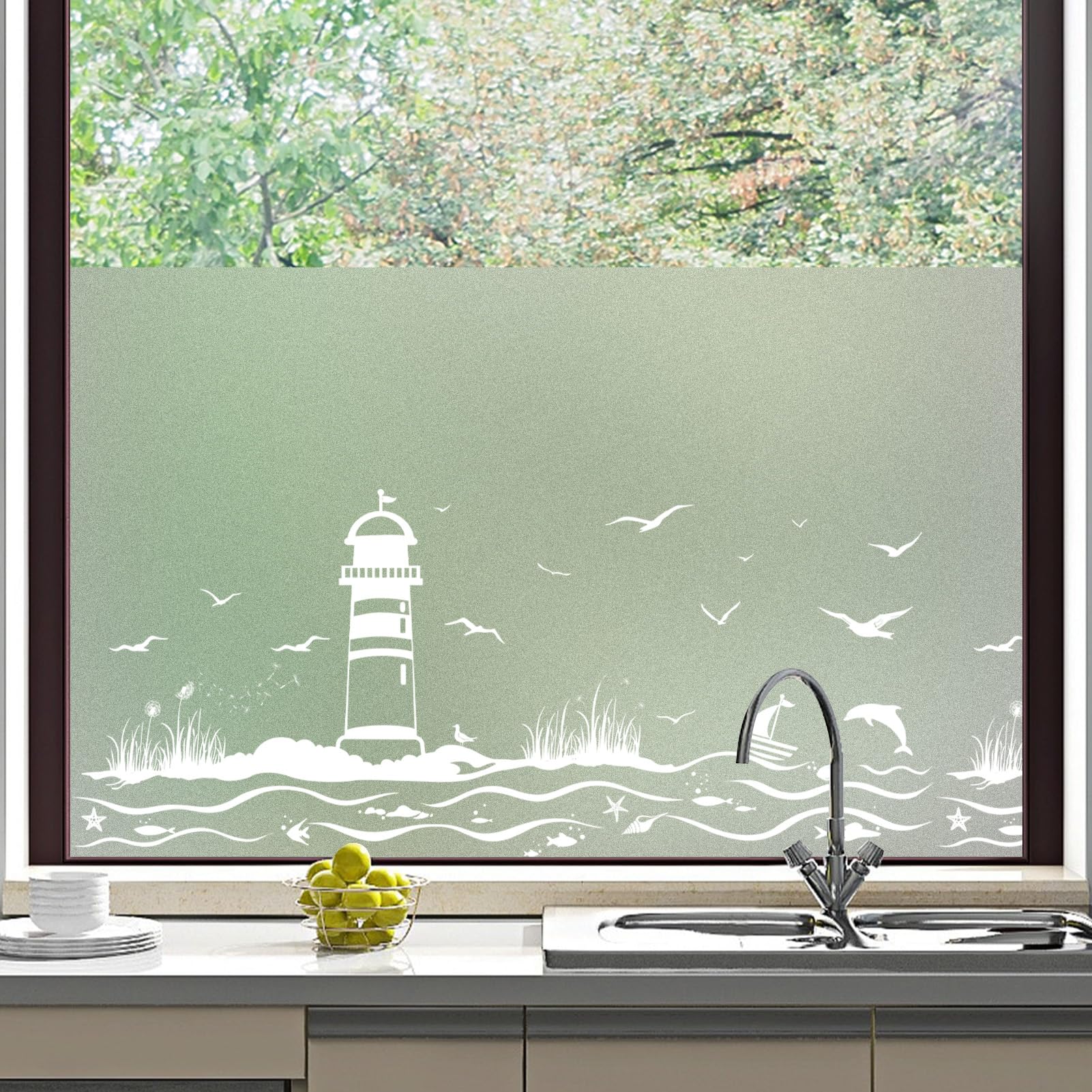 dktie Film opaque pour fenêtre - Blanc (phare et océan 02 version agrandie, 90 x 200 cm)