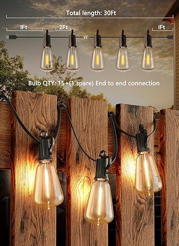 Miniatura 5 de Brightown Guirnalda de luces LED para exteriores de 30 pies con 16 bombillas Edison vintage ST38 inastillables, luces colgantes exteriores