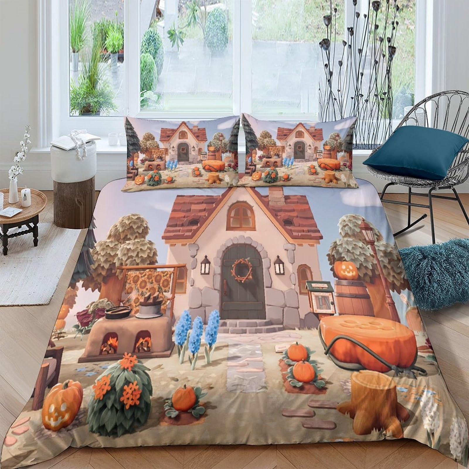 Ctjqhvkz Style-9 3D Printed Pumpkin Cottage Fitted Sheet Microfiber Autumn Harvest Bed Cover For Bedroom Dorm Mattress Decor Single（135X200cm）