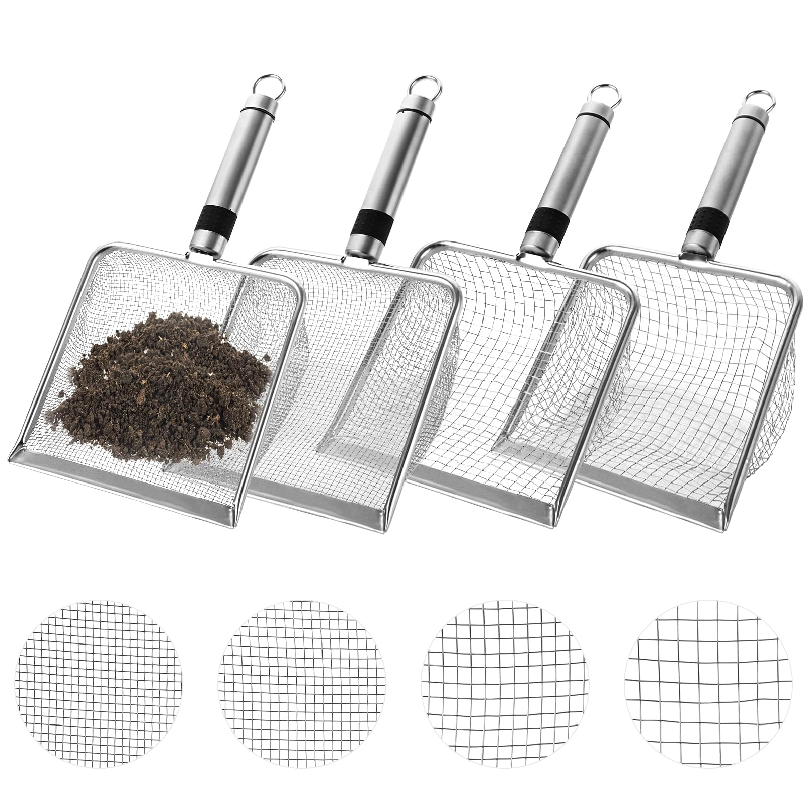 4 Stück Edelstahl-Gartensiebe, Grobsieb und Kompostsiebschaufel, Kompostsieb mit Griff, Katzentoilettenschaufel Gartensieb Erde, Steine, Katzentoiletten (2/2,8/3,8/5 mm Maschenweite)