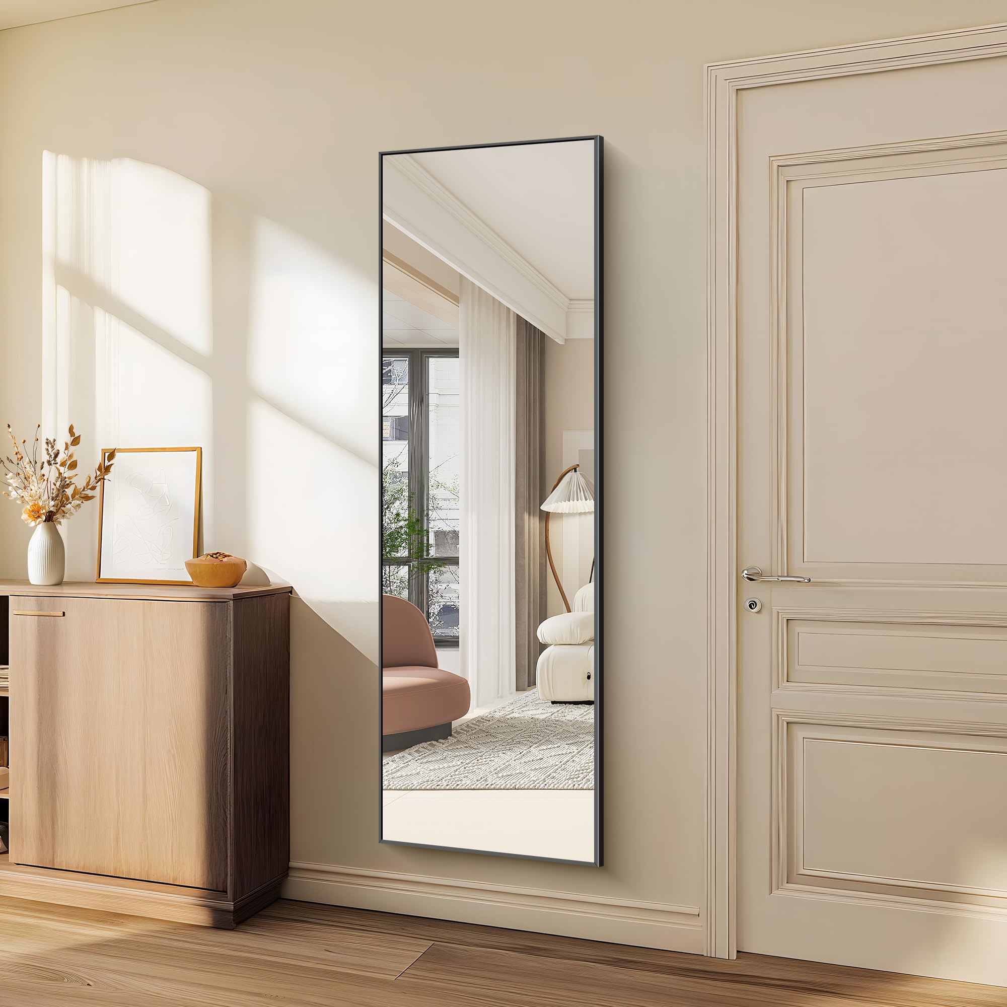 WOLIBEER Ganzkörperspiegel 161 x 52 cm, Rechteckiger Ganzkörperspiegel mit Schwarzem Aluminiumrahmen Wandspiegel Stehspiegel, Spiegel für Schlafzimmer, Ankleidezimmer Wohnzimmer Fitnessstudio Flur