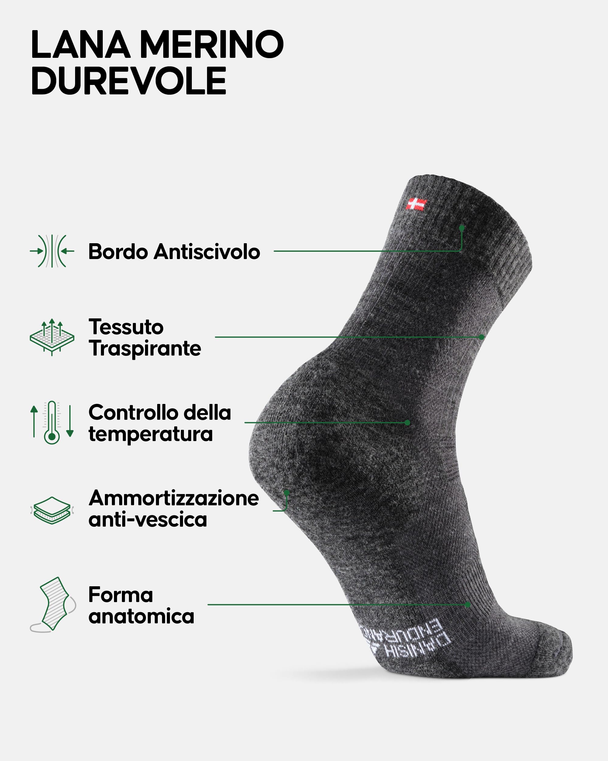 DANISH ENDURANCE Calze Trekking Leggere in Lana Merino, Anti-Vesciche, Traspiranti, da Uomo, Donna, Bambino, 3 Paia