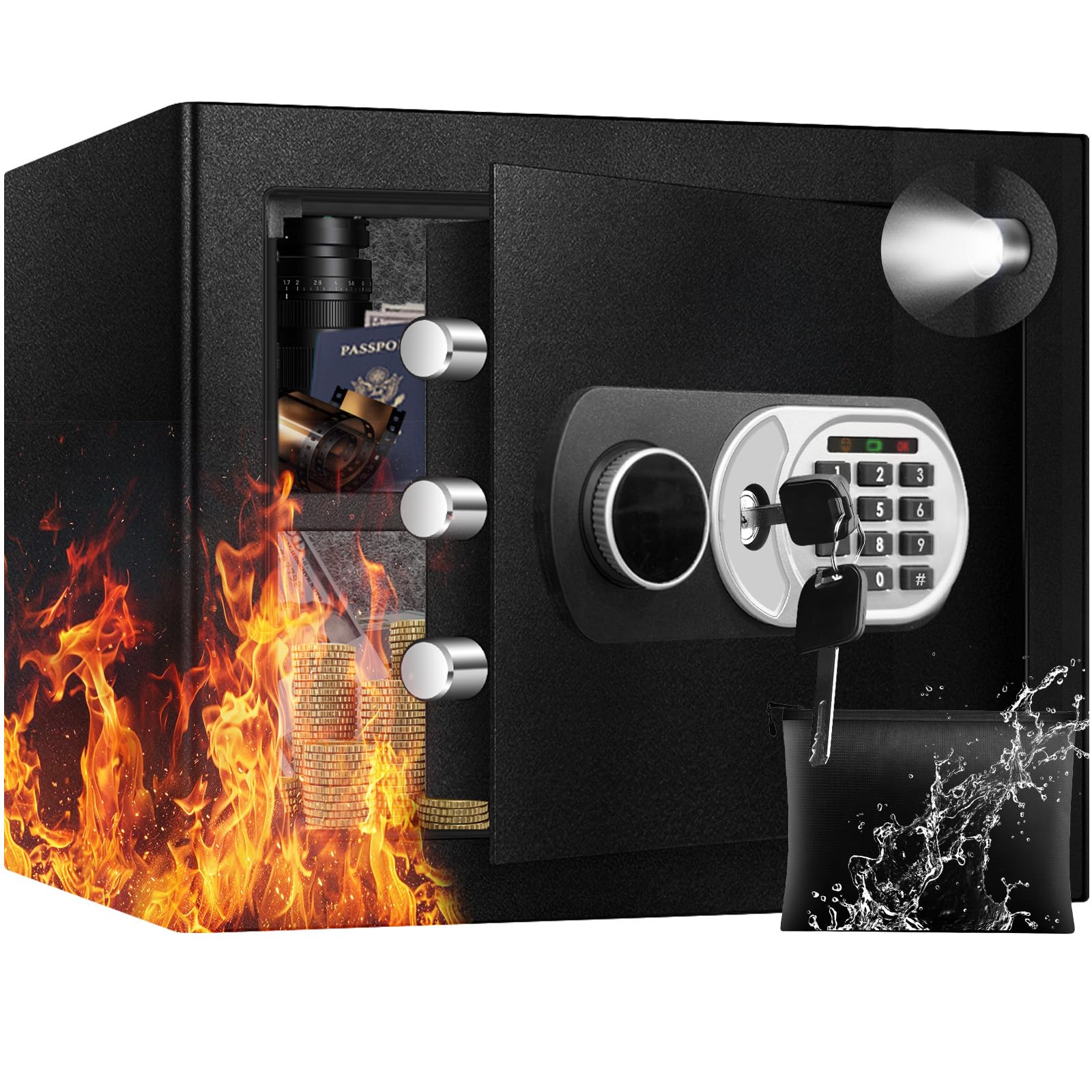 ToruKeep 35L Security Safe Box, Home Safe with Fireproof Waterproof Bag, Anti-Theft Safety Box with Digital Keypad, Spare Keys, LED Light, Smart Alert System, Removable Shelf, 30D x 35W x 30H CM