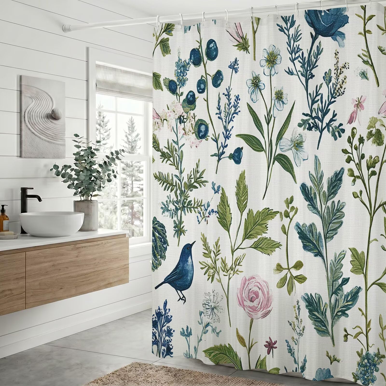 Duschvorhang 300 x 200 cm Stoff für Badezimmer & Badewanne, Wasserabweisend Duschvorhänge mit Beschwerter Saum & Bleiband, Blickdicht Textil Vorhang Polyester Waschbar inkl Ringe (Vogel Blume), Q-o900