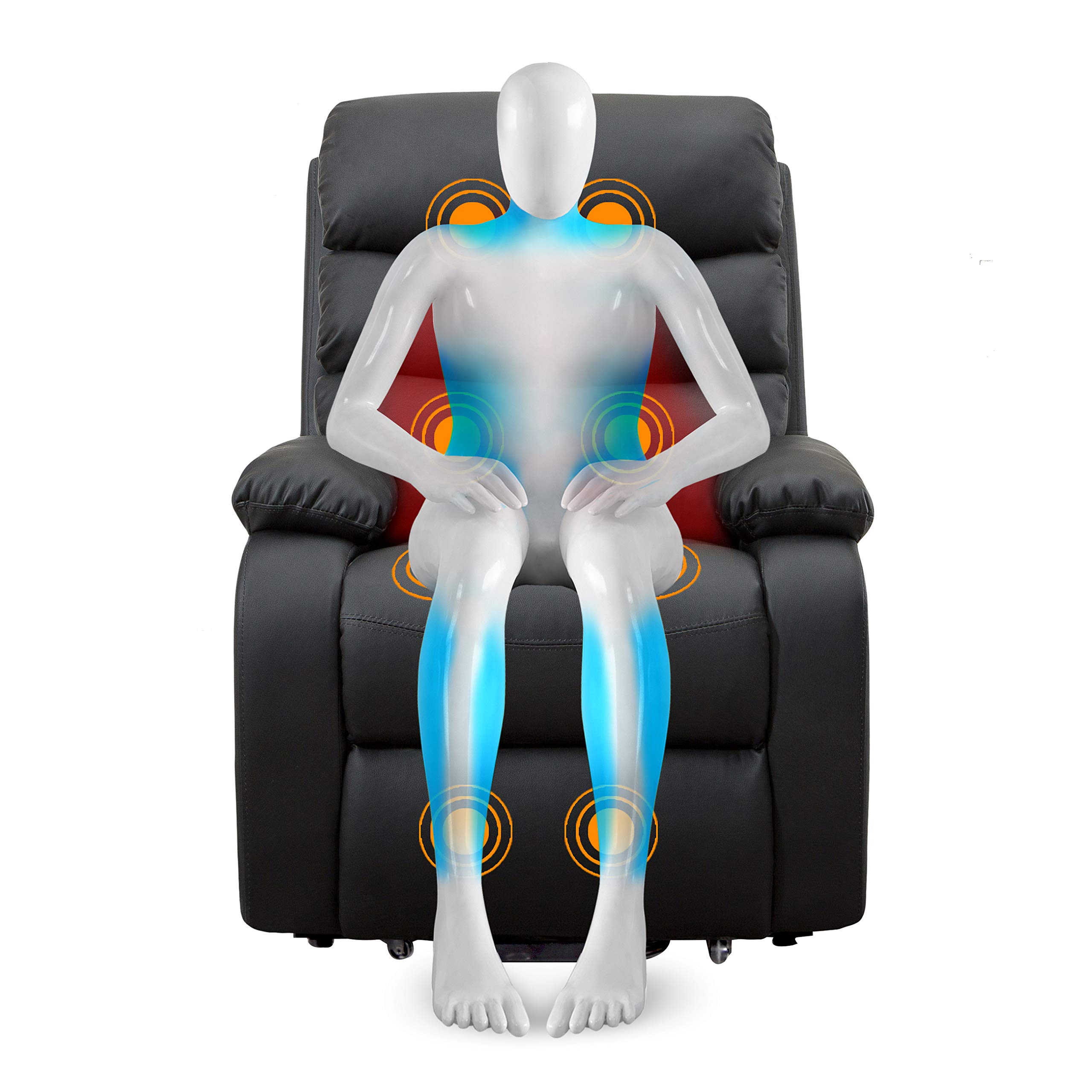 gridinlux, Sillón Relax Masaje Extra Acolchado, Negro, Reclinable, Elevación automática con Mando, 5 Modos, Función Calor Lumbar, 8 Motores, 4 Zonas de Masaje, Polipiel