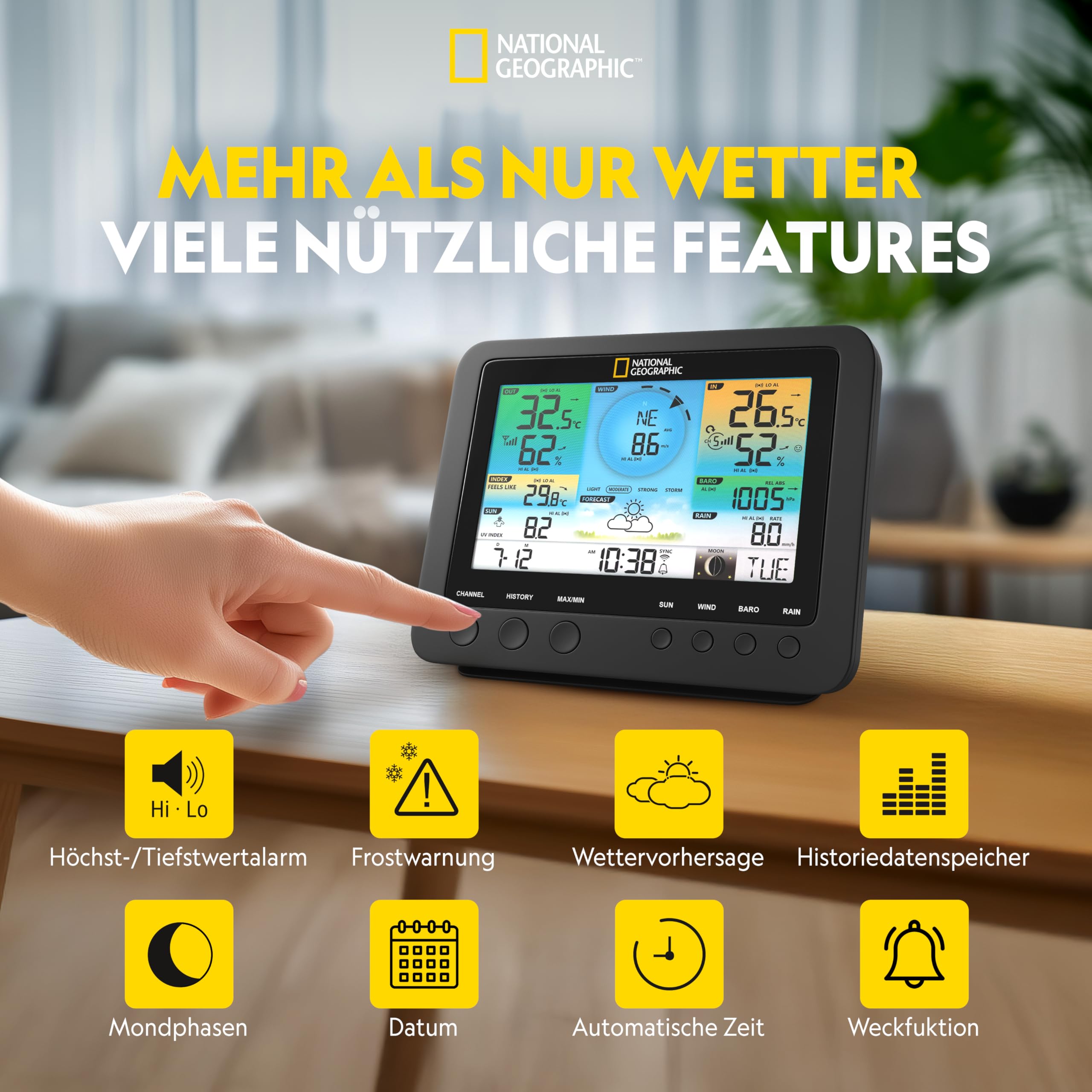 National Geographic Stazione meteo wireless con sensore da esterno WLAN, centralina meteo a colori con sensore 7 in 1 per vento, umidità, temperatura, precipitazioni, livello UV e intensità della luce