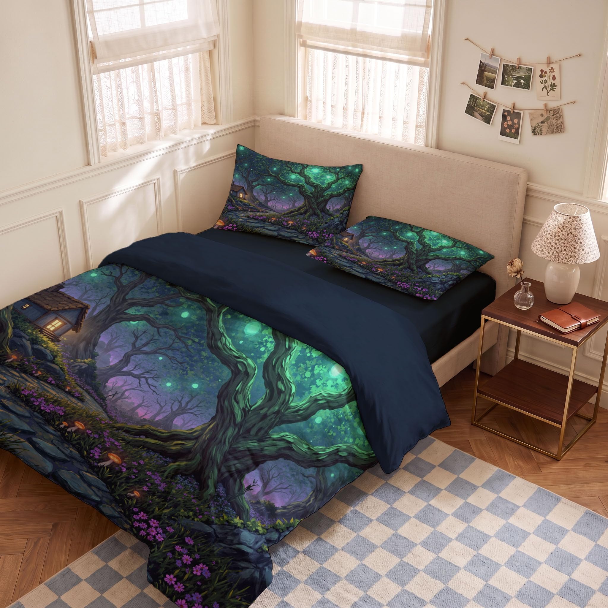 Bettwäsche 155x220cm Hütte Bäume 3 Teilig Wendebettwäsche Set | Märchen Wald Microfaser Deckenbezug, Grün Lila Bettbezug mit Reißverschluss und 2 Kopfkissenbezug 80 x 80 cm