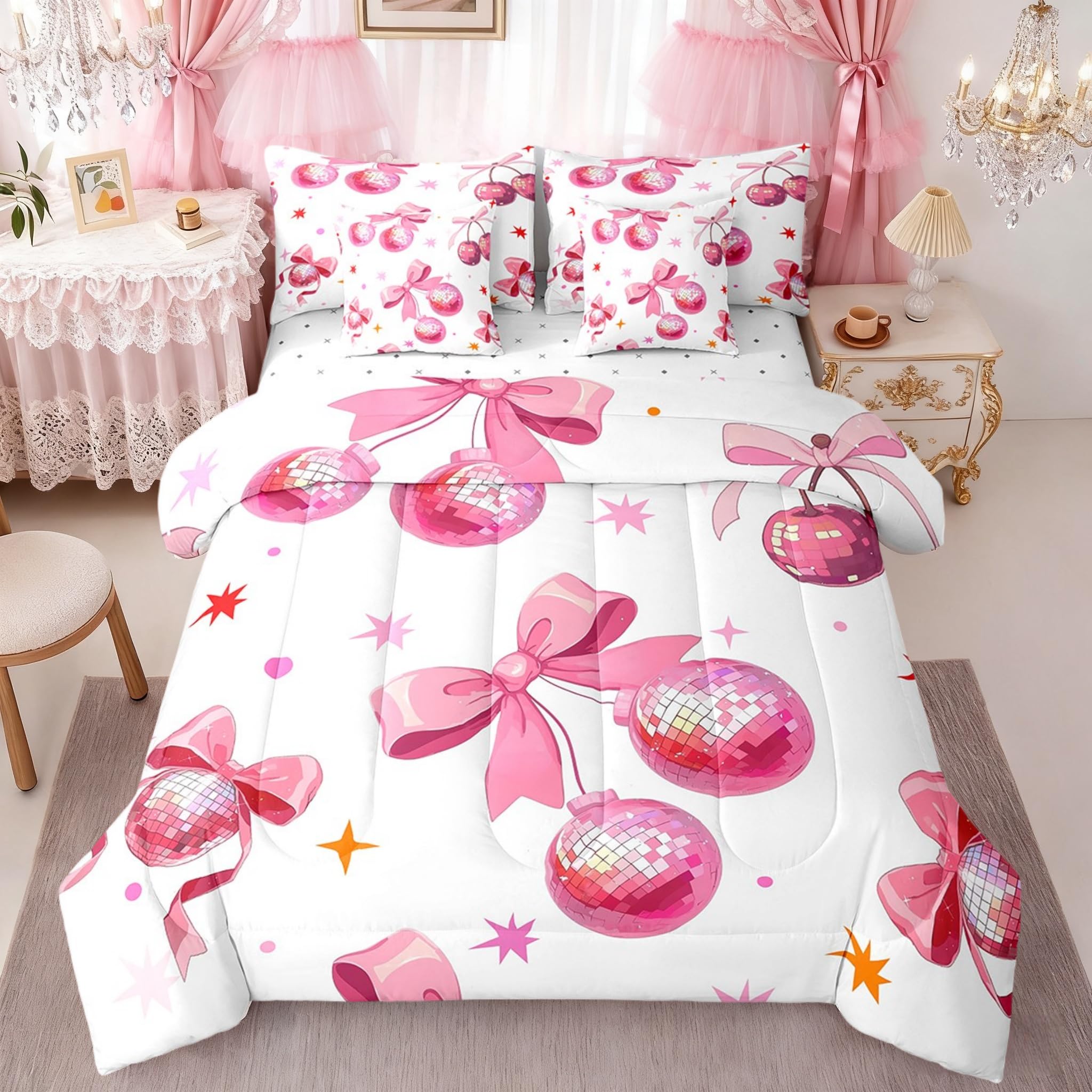 Juego de edredón de 7 piezas con música pop de los años 70 y 80, juego de cama rosa con bola de discoteca cereza, ropa de cama estilo princesa con lazo femenino en una bolsa, tamaño Queen (1 edredón,
