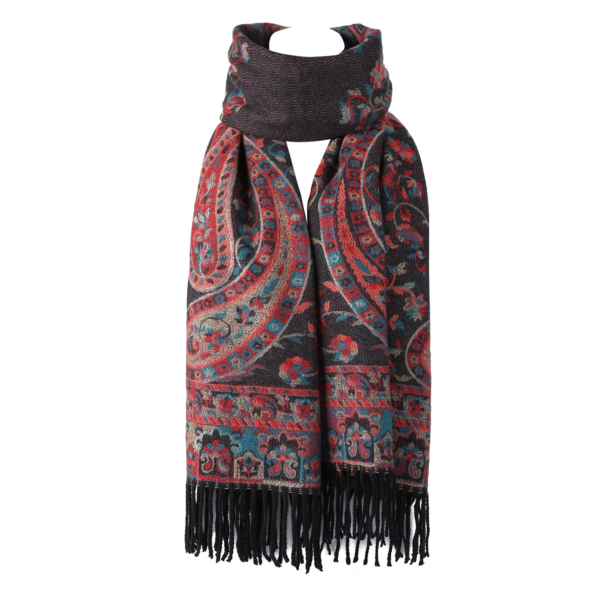 World Of Shawls Women's Black/Winter01 Floral Paisley Bordered Pashmina Feel Shawl Scarf Wrap Stole Luxuriously Warm Soft And Silky Touch ()