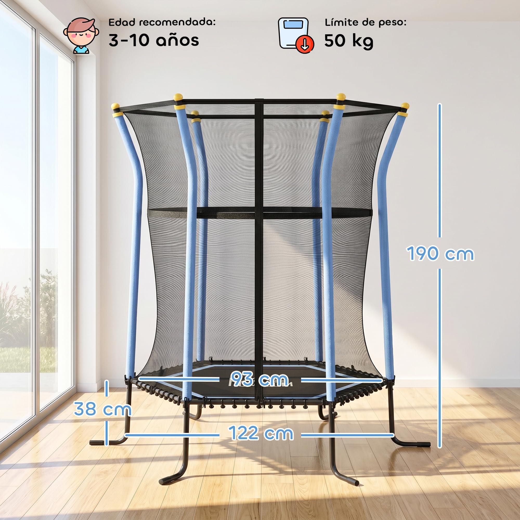 HOMCOM Cama Elástica Infantil de Jardín 122x111x190 cm Trampolín para Niños de +3 Años con Red de Seguridad Marco de Acero y sin Muelles para Interior Exterior Carga 50 kg