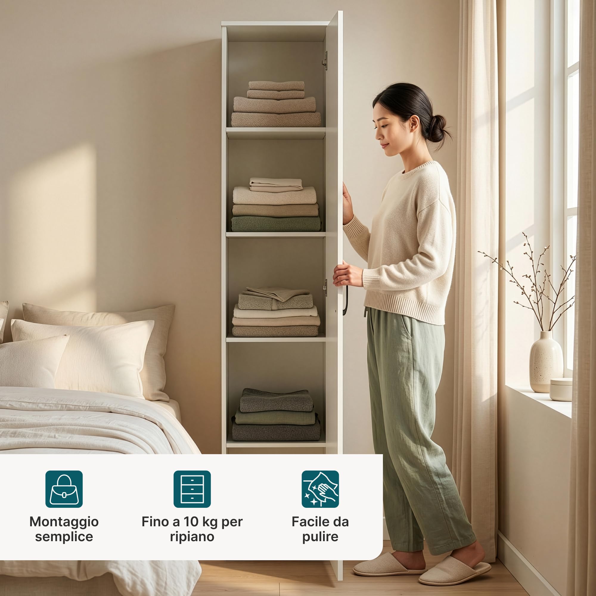 [en.casa] Armadio Multifunzionale con Anta Bianco 175x37x35 cm | Mobile Alto Contenitore 5 Ripiani Scomparti Bagno Cucina Lavanderia Camera da Letto Asciugamani Alimenti