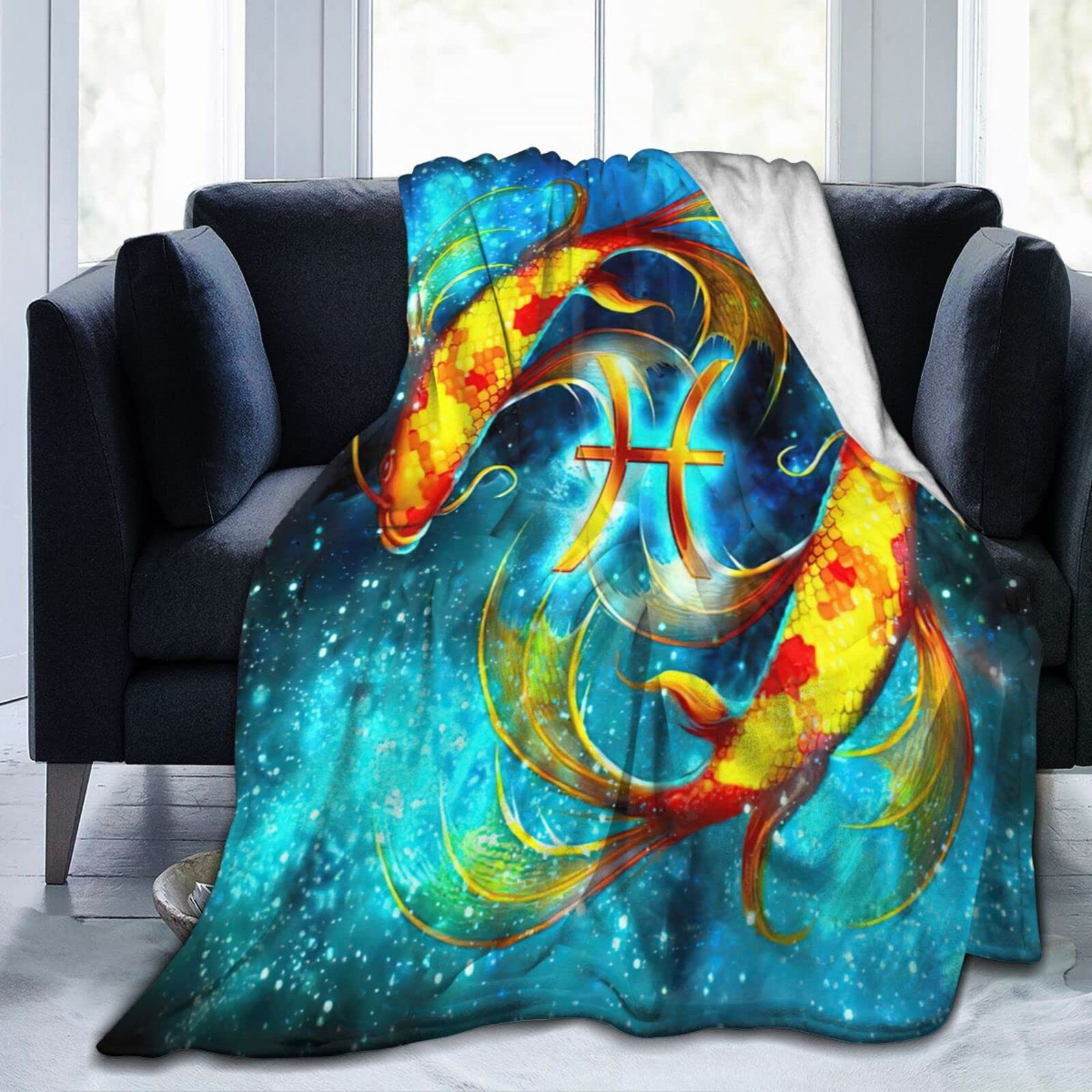 Zodiac Pisces Fleece Throw Blanket Astrolog Flannel Bed Blanket 12 Constellation Plush Blanket Horoscope Soft Cozy Bedding for Bedroom Living Room Sofa Decor 80"x60"