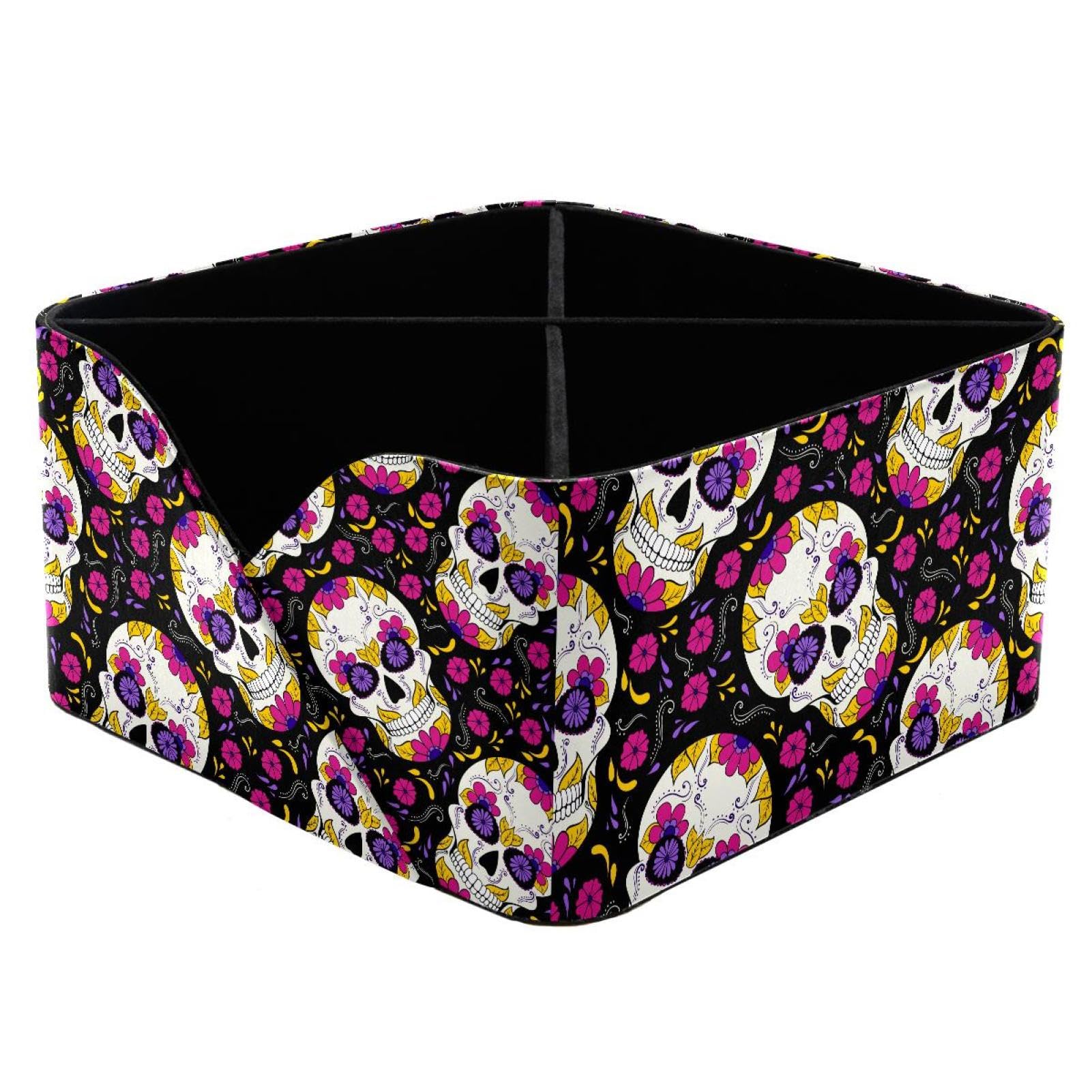 KengjuTesu Foral Mexican Sugar Skulls Desktop Organizer Pen Holder, Rectangular Pencil Cup for Office, Study and Makeup Stations