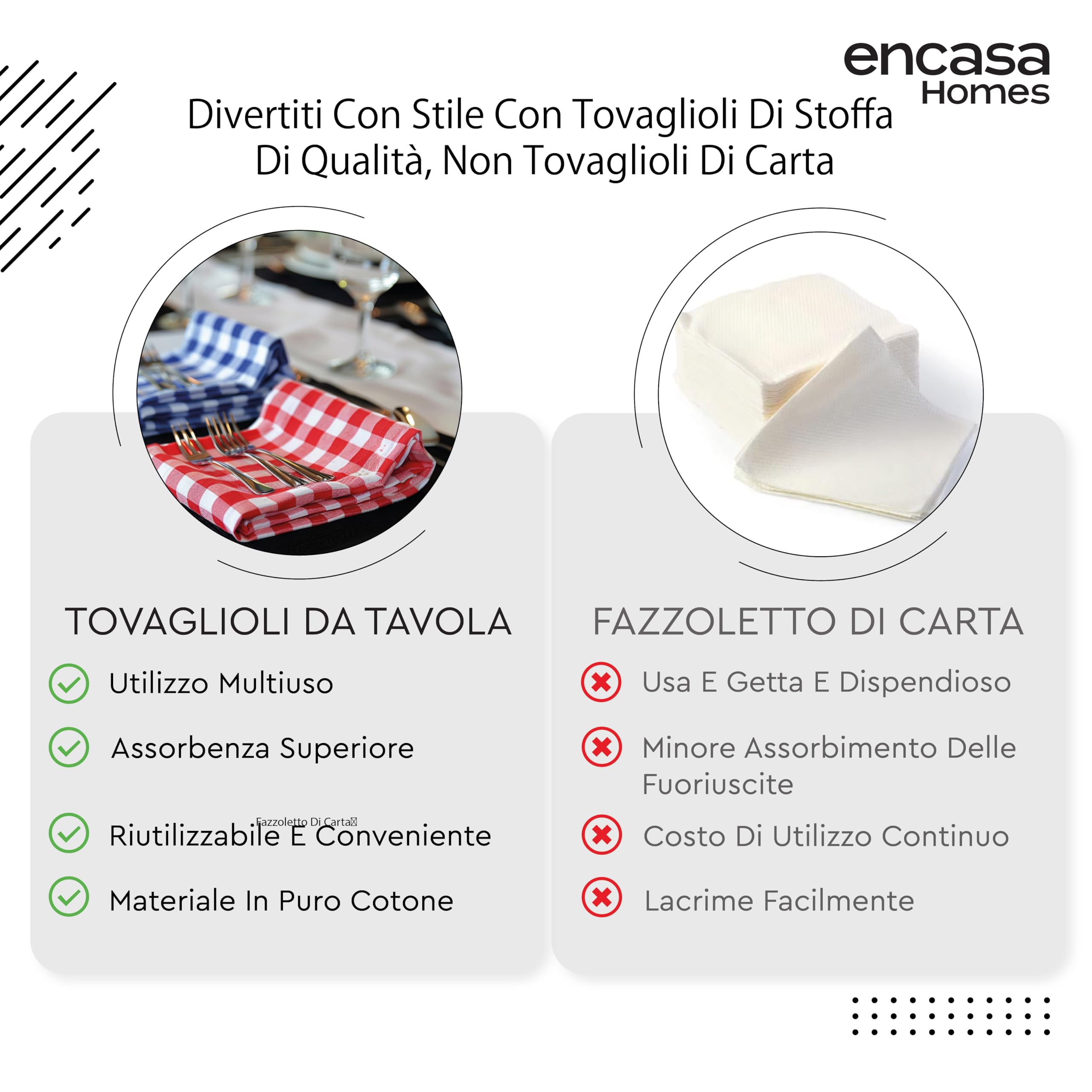 Encasa XO Tovaglioli di Cotone Set di 6 | Controlli rossi di Buffalo | Dimensione 43x43 cm | Tovaglioli da Tavola | Lavabili in Lavatrice e Riutilizzabili