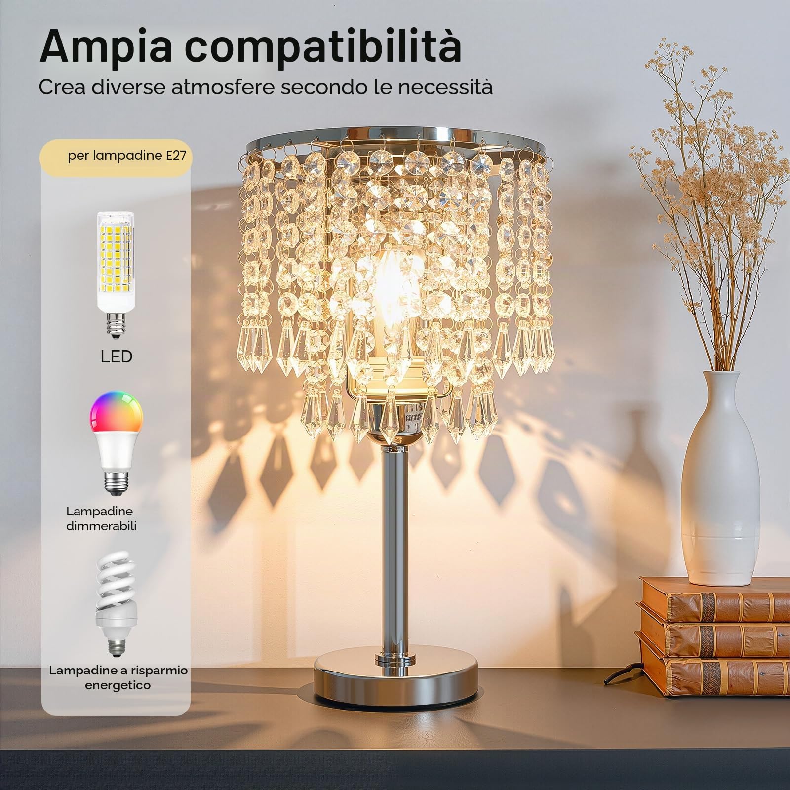 Lampada da tavolo a LED con cristallo, 220 V, per soggiorno, camera da letto, sala da pranzo